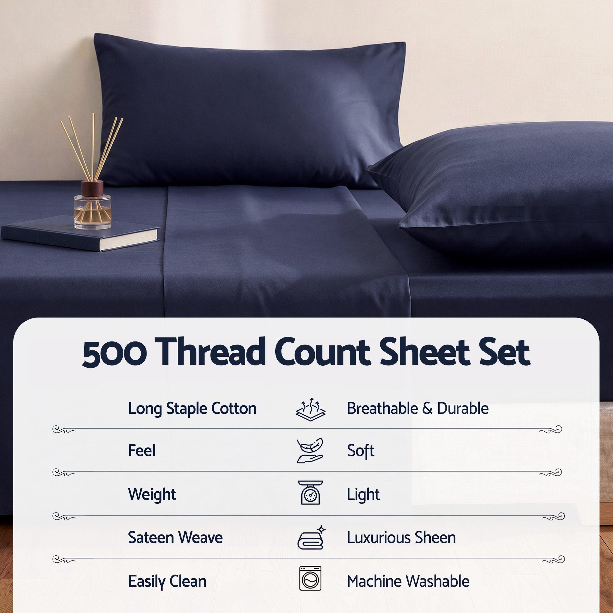 Giselle Double 500TC Cotton 4Pcs Sheet Set with 40cm Extra Deep Pocket for Thick Mattresses Sateen Weave for Sweaty Nights Navy Blue