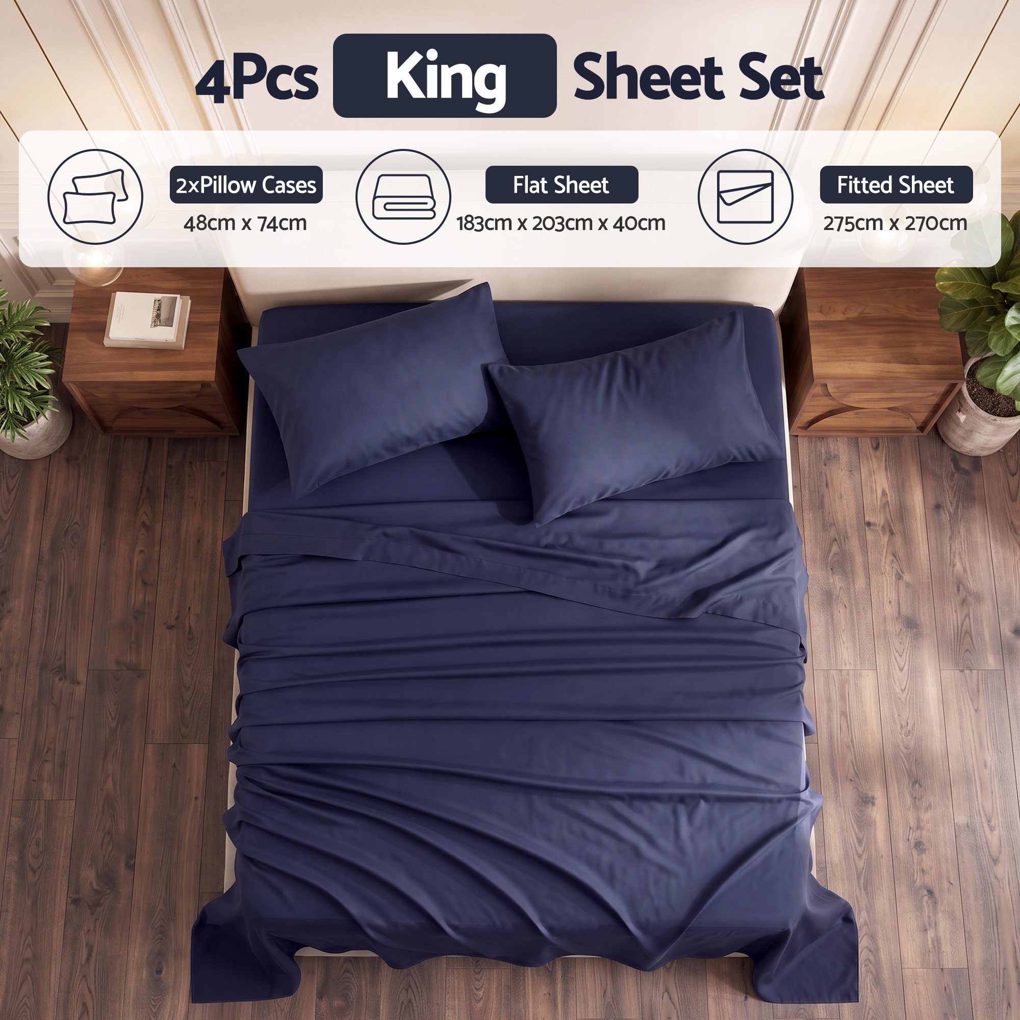 Giselle King 500TC Cotton 4Pcs Sheet Set with 40cm Extra Deep Pocket for Thick Mattresses Sateen Weave for Sweaty Nights Navy Blue