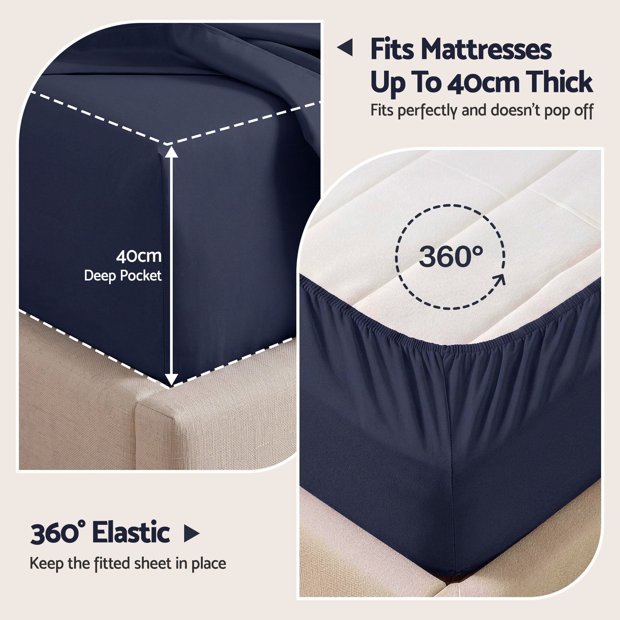 Giselle Single 500TC Cotton 4Pcs Sheet Set with 40cm Extra Deep Pocket for Thick Mattresses Sateen Weave for Sweaty Nights Navy Blue
