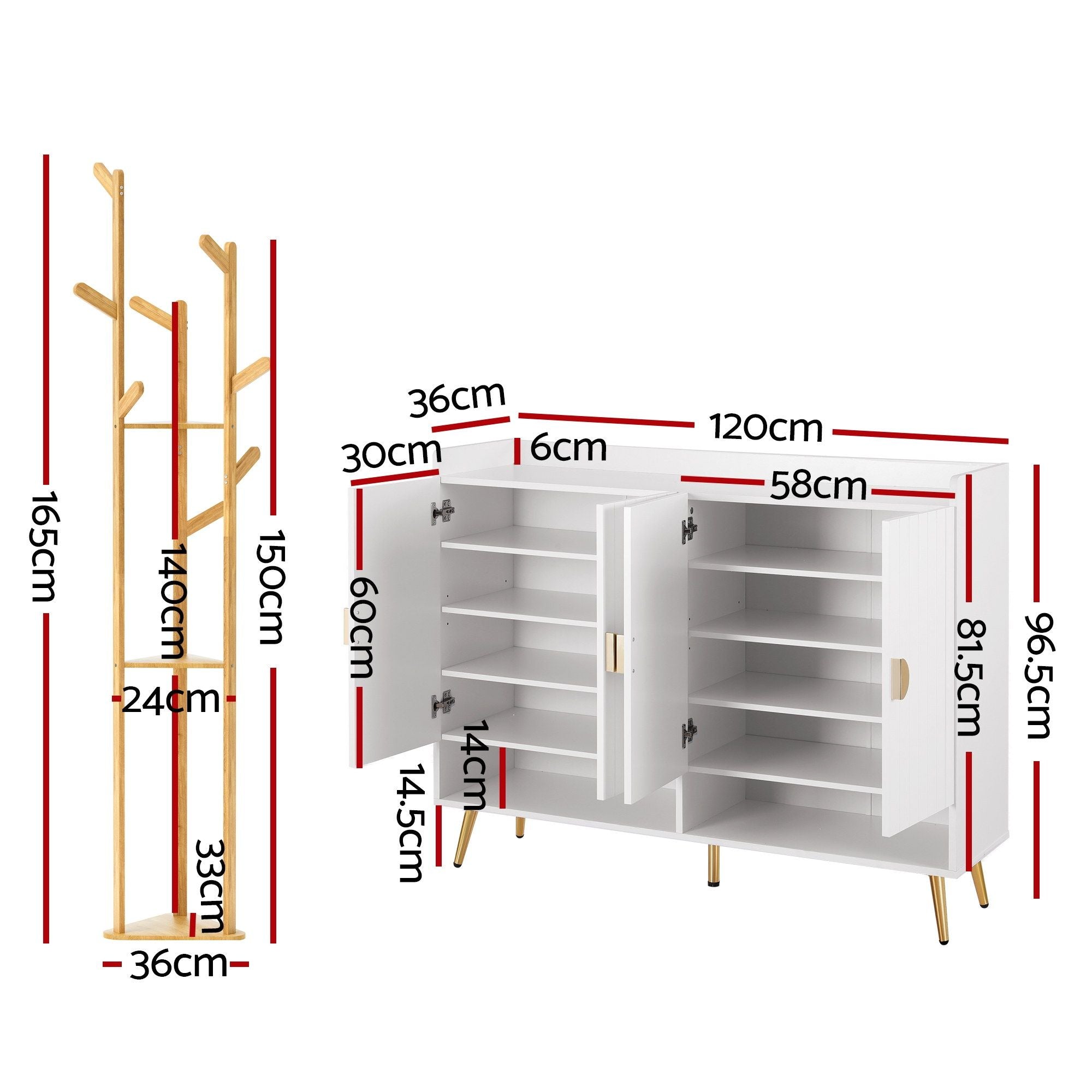 Artiss Shoe Rack Cabinet & Clothes Rack Set Storage Shelf White Pine