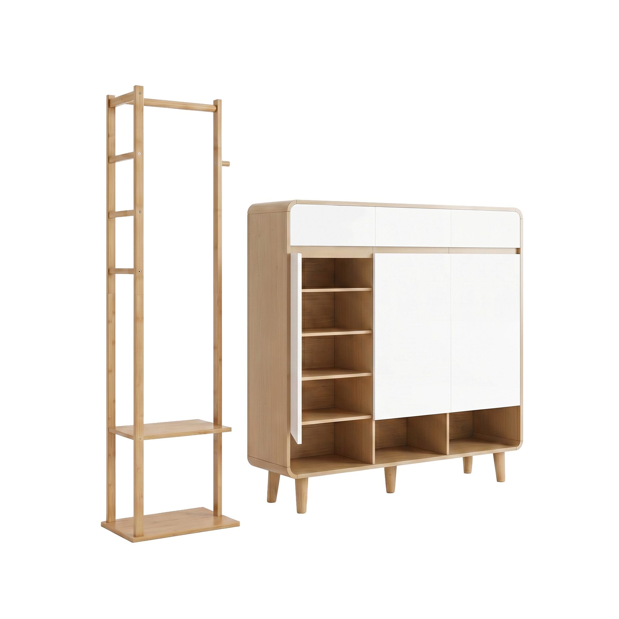 Artiss Shoe Rack Cabinet Wooden & Bamboo Clothes Rack Set Storage Shelf White Pine