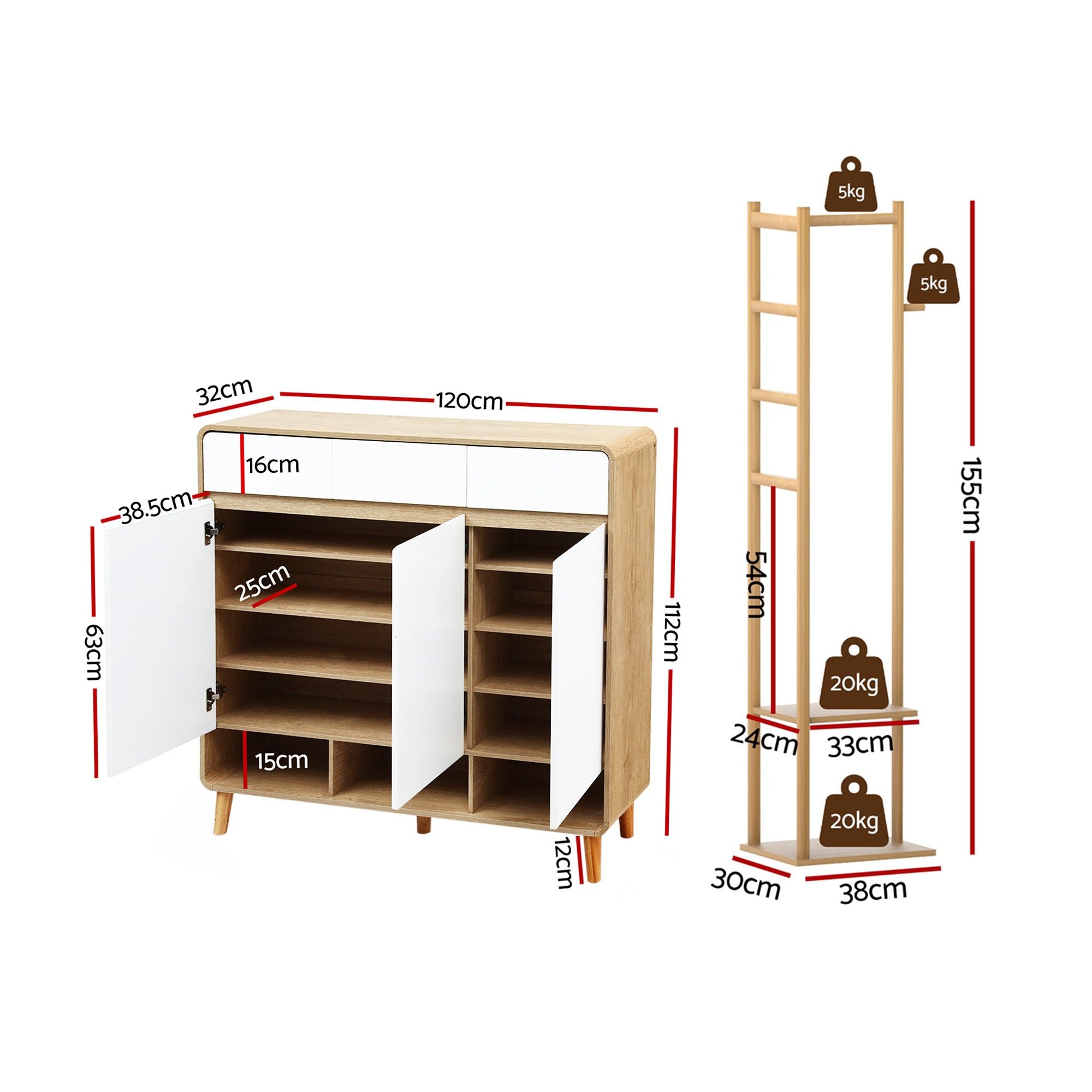 Artiss Shoe Rack Cabinet Wooden & Bamboo Clothes Rack Set Storage Shelf White Pine