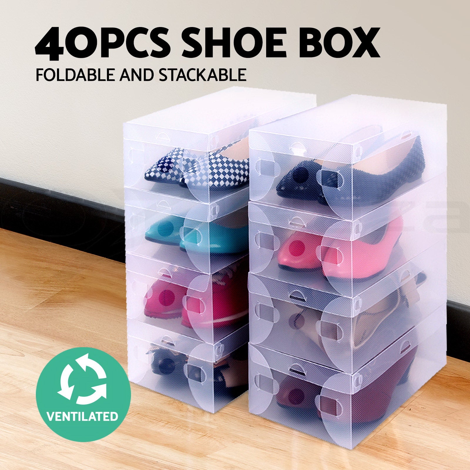 Storage Boxes: Artiss 40X Shoe Box Storage Clear Case Foldable Stackable