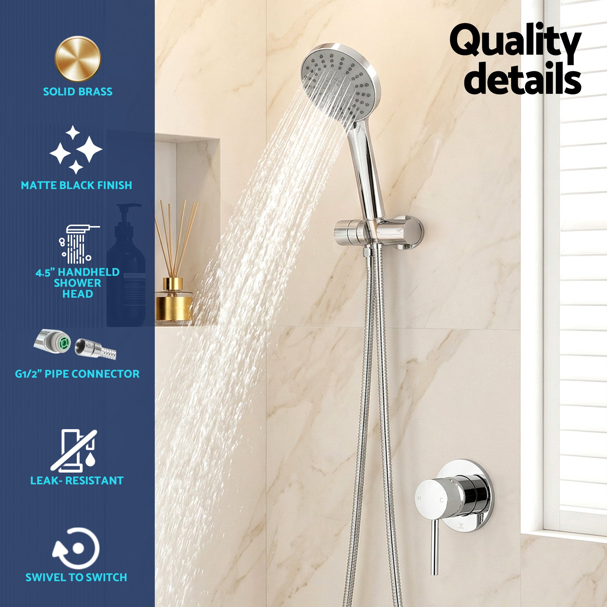 Cefito 4.5" Handheld Shower Head Round with Wall Bathroom Mixer Silver