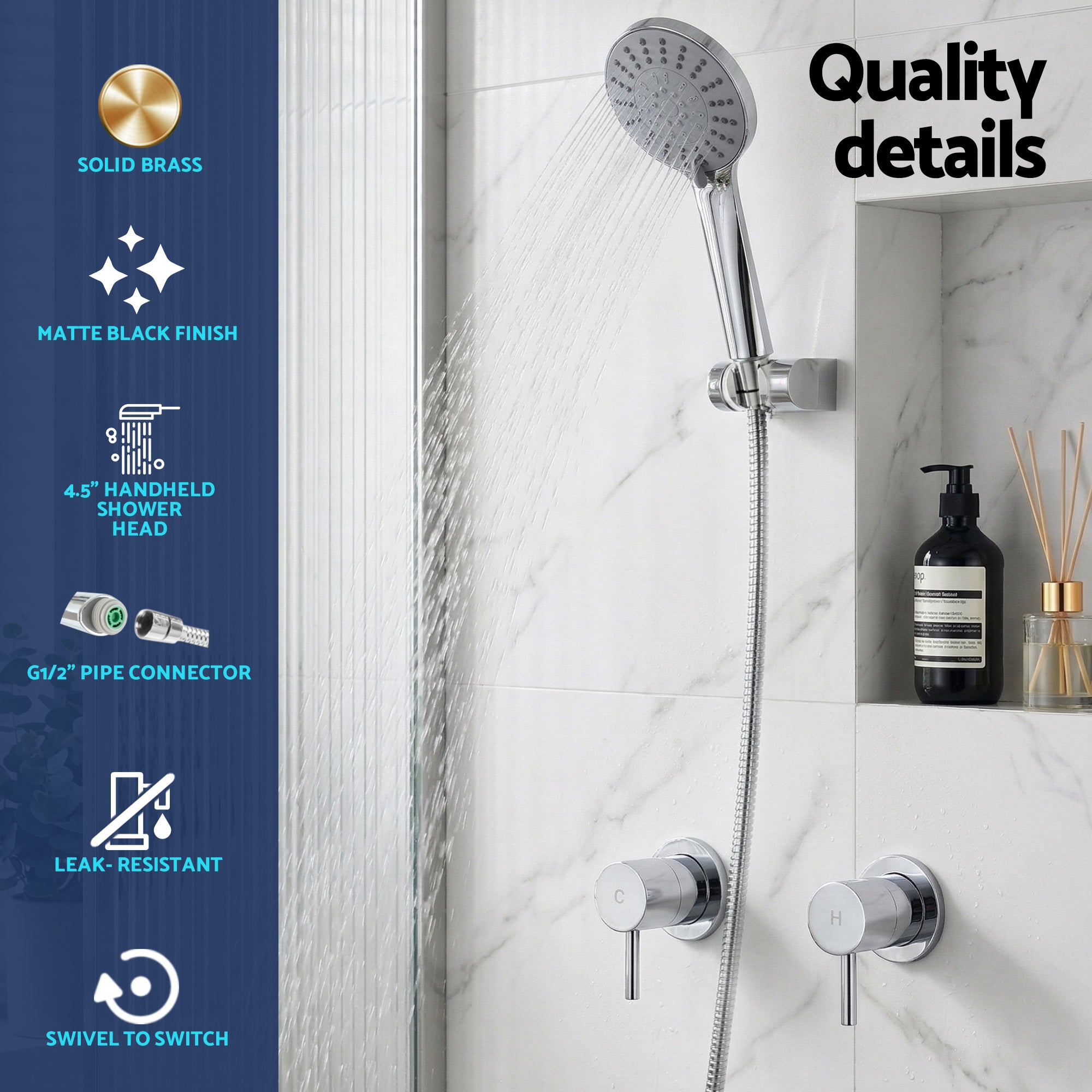 Cefito 4.5" Handheld Shower Head Round with Wall Twin Swivel Bathroom Tap Silver