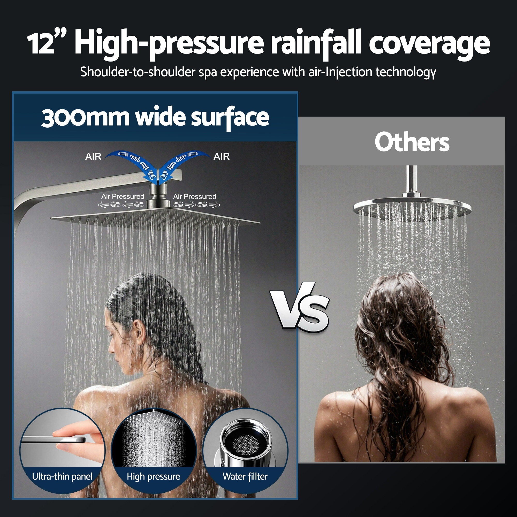 Shower Heads & Screens: 12" Rain Shower Head Set with 3-Mode Handheld Brass High Pressure WELS Chrome