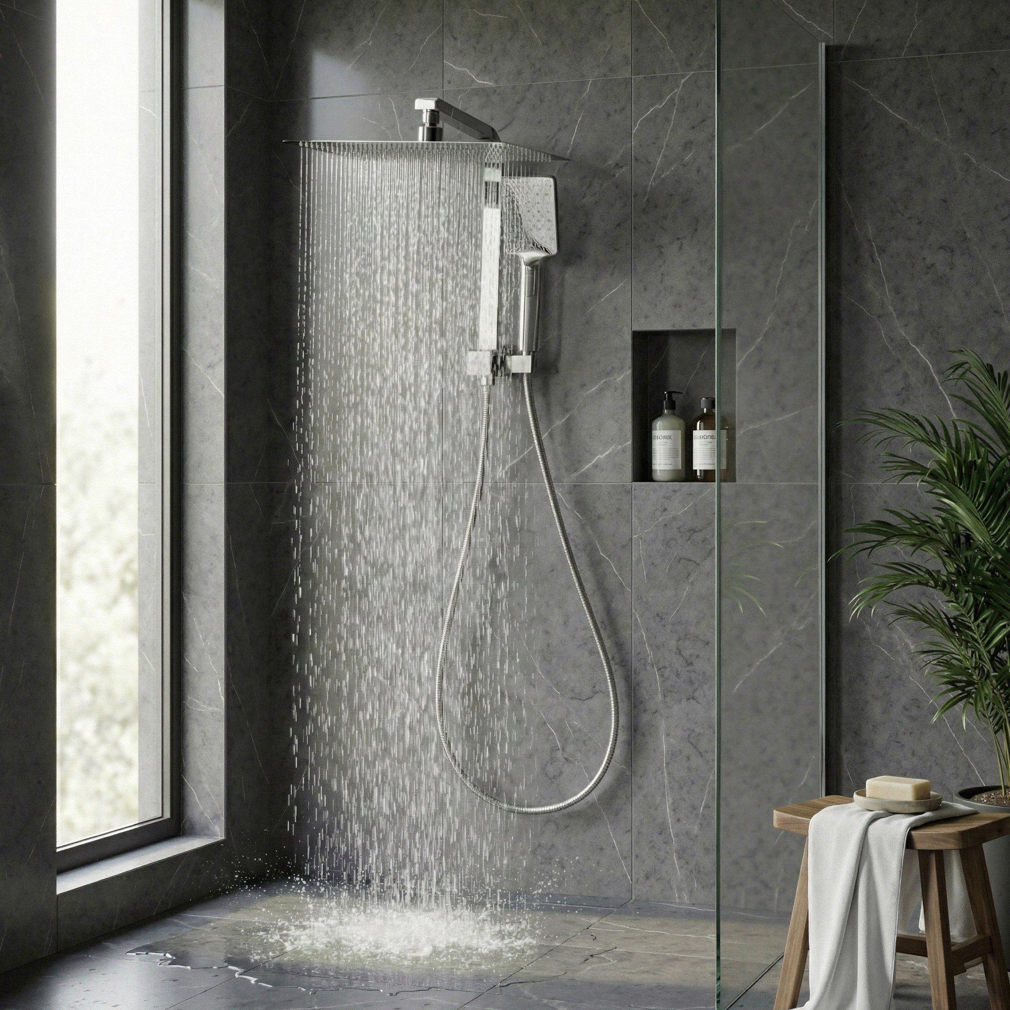 Shower Heads & Screens: 12" Rain Shower Head Set with 3-Mode Handheld Brass High Pressure WELS Chrome