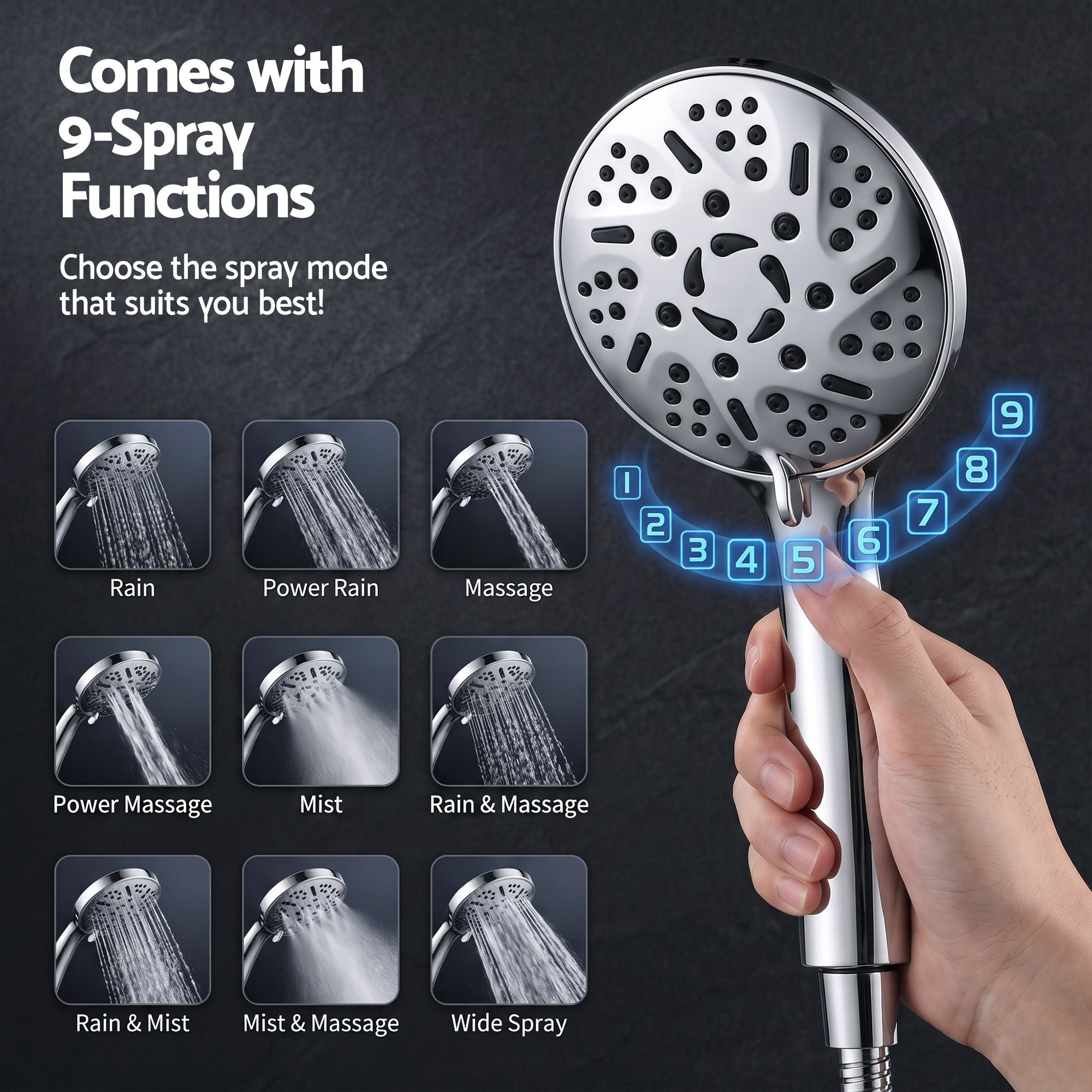 Cefito High-Pressure Rain Shower Head with Handheld, Gear-Lock Anti-Sag Arm for Family Spa, 12" Stainless Steel Rainfall & 9-Setting Wand Combo, 3-Way Diverter, Drill-Free Adhesive Bracket
