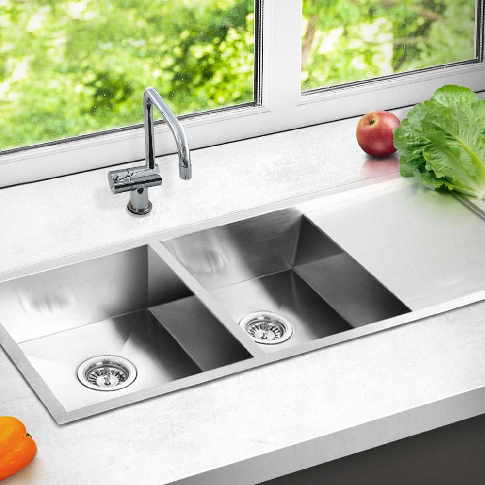 Kitchen Sinks: Cefito Kitchen Sink 111X45CM Stainless Steel Basin Double Bowl Silver