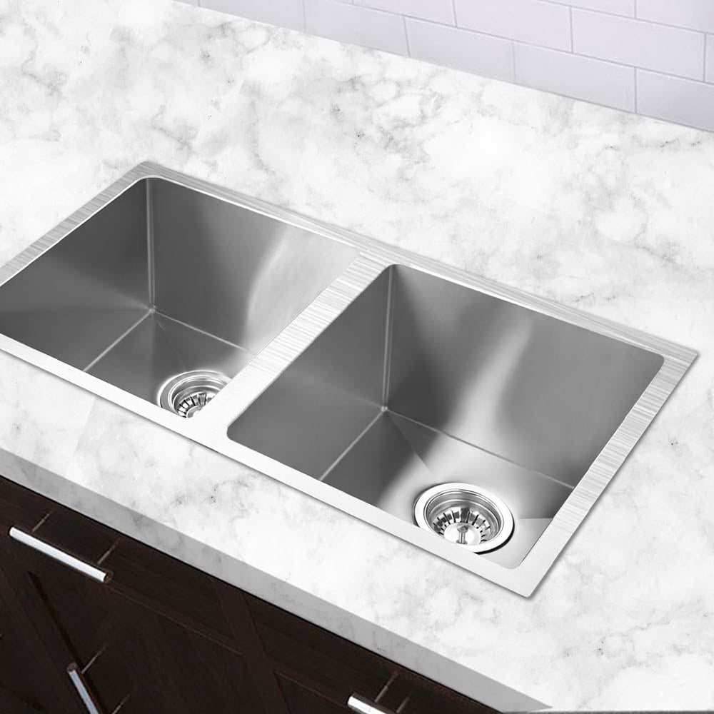 Kitchen Sinks: Cefito Kitchen Sink 77X45CM Stainless Steel Basin Double Bowl Silver