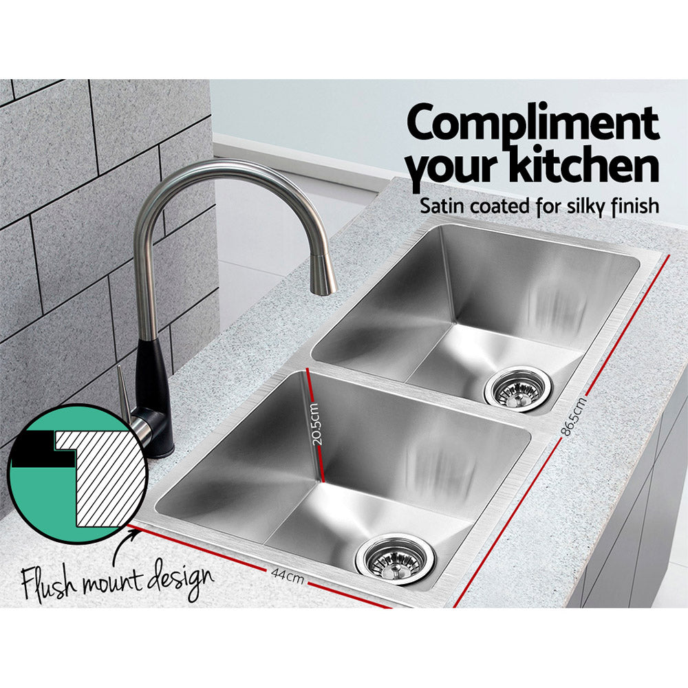 Kitchen Sinks: Cefito Kitchen Sink 86X44CM Stainless Steel Basin Double Bowl Silver
