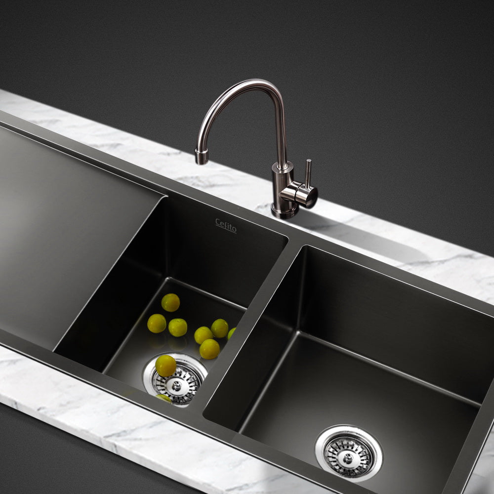 Kitchen Sinks: Cefito Kitchen Sink 100X45CM Stainless Steel Basin Double Bowl Nano Black