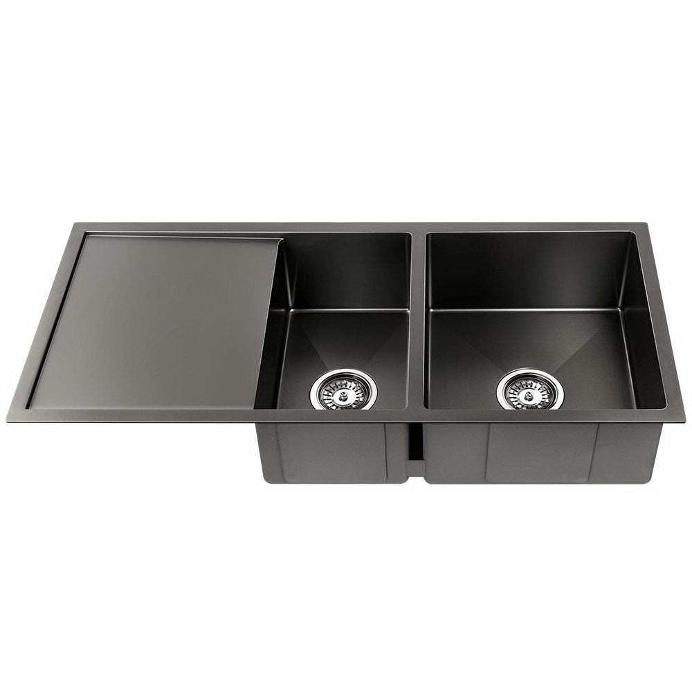 Kitchen Sinks: Cefito Kitchen Sink 100X45CM Stainless Steel Basin Double Bowl Nano Black