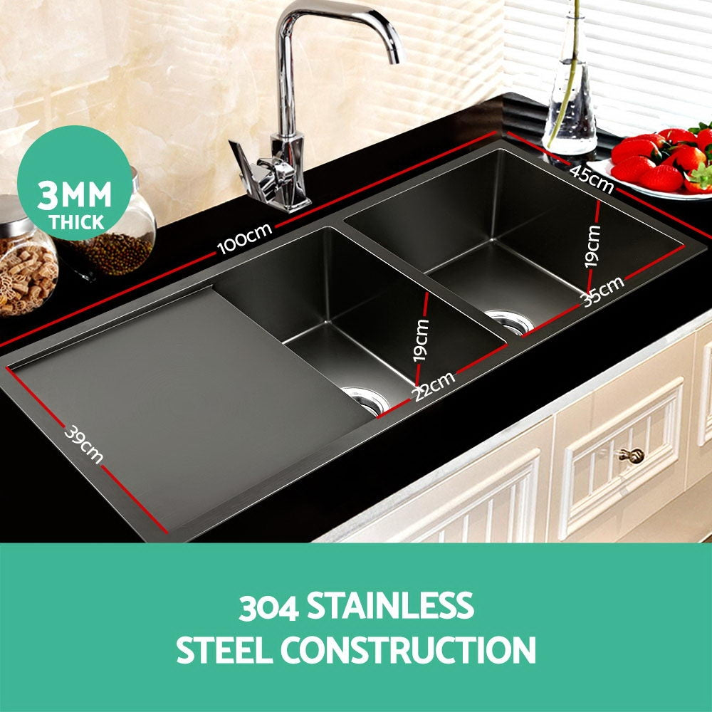 Kitchen Sinks: Cefito Kitchen Sink 100X45CM Stainless Steel Basin Double Bowl Nano Black
