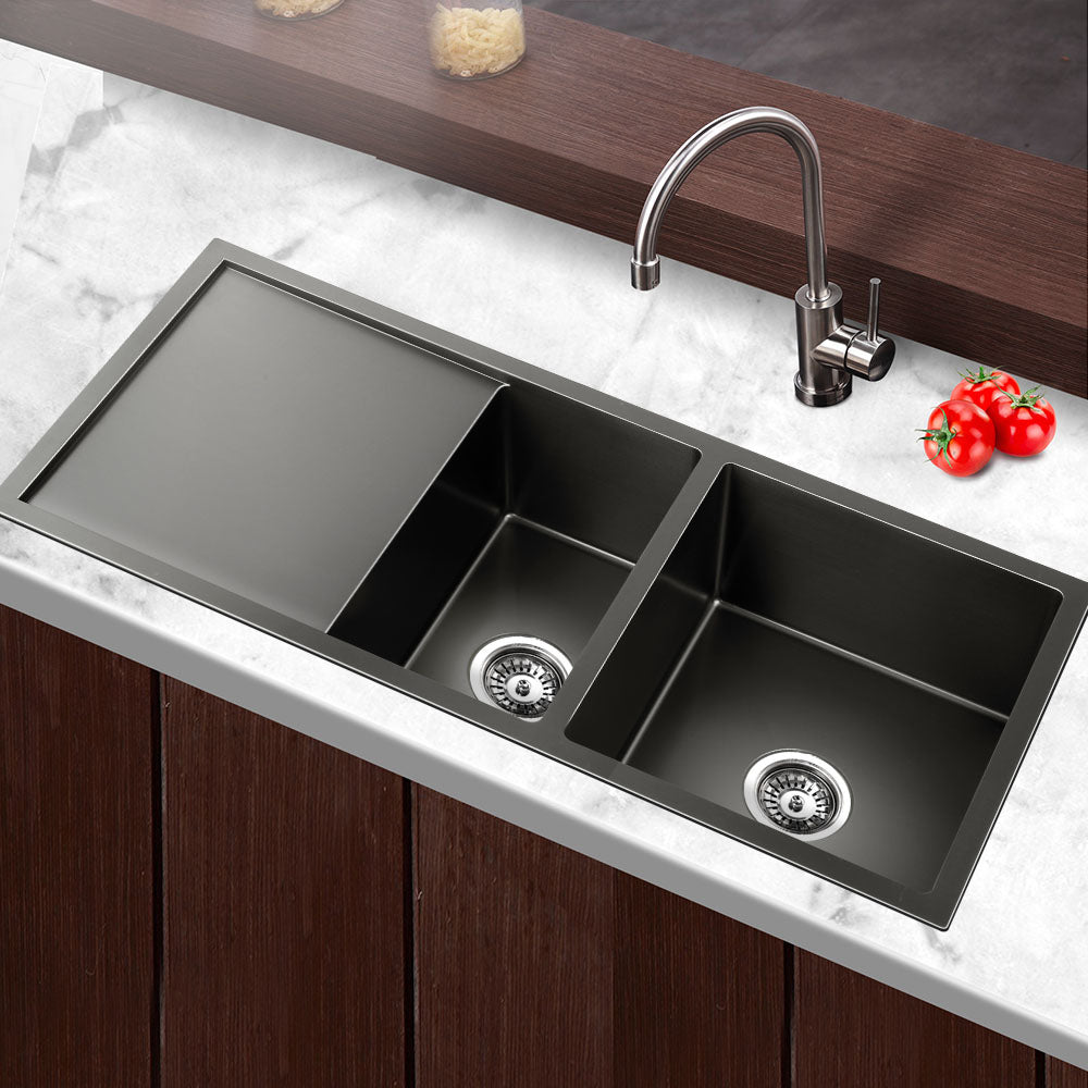 Kitchen Sinks: Cefito Kitchen Sink 100X45CM Stainless Steel Basin Double Bowl Nano Black