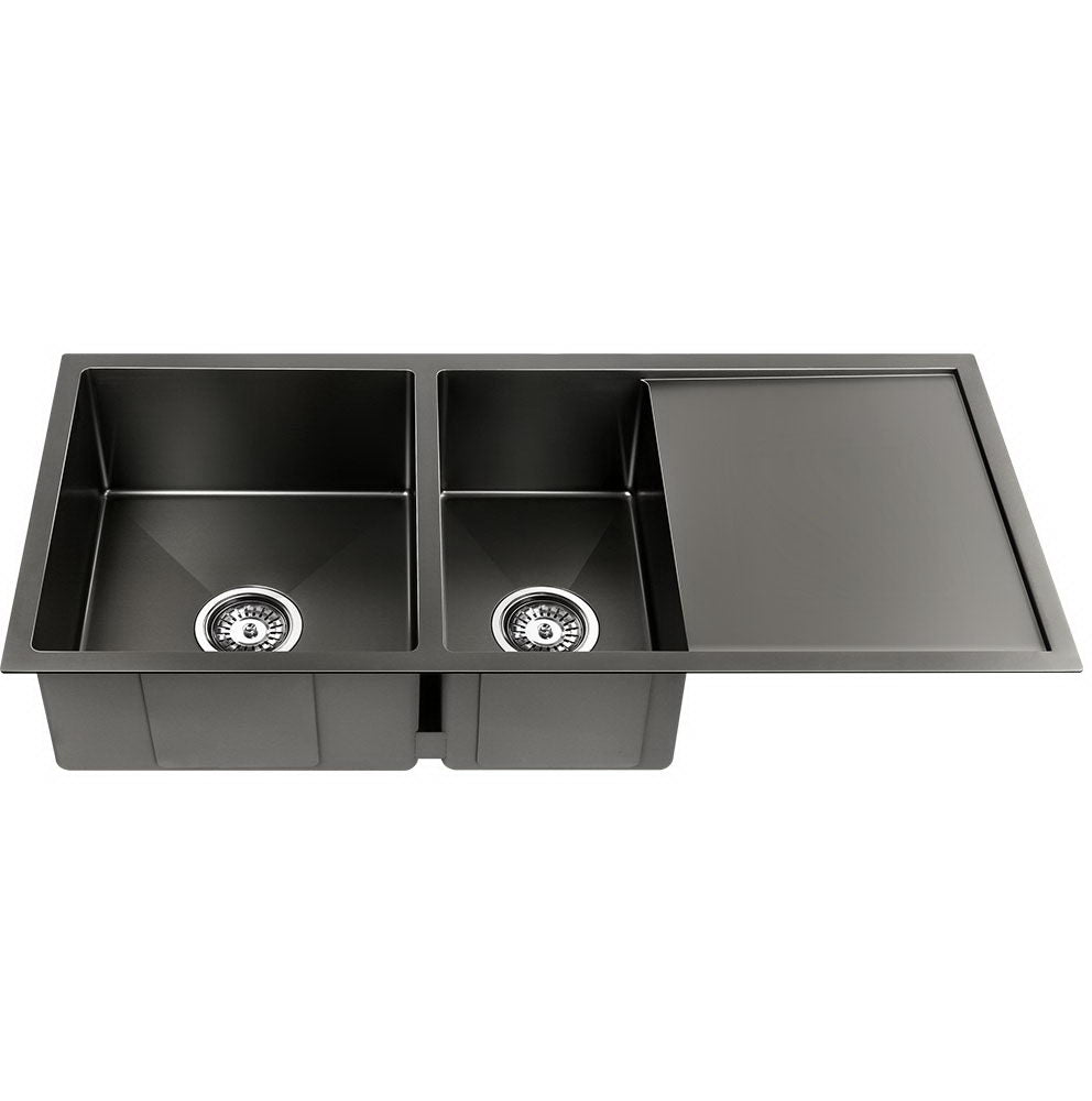 Kitchen Sinks: Cefito Kitchen Sink 100X45CM Stainless Steel Basin Double Bowl Nano Black