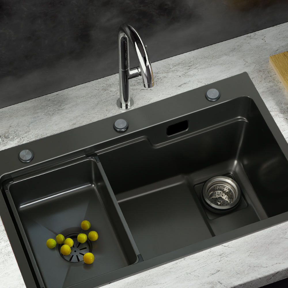Kitchen Sinks: Cefito Kitchen Sink 75X45CM Stainless Steel Basin Single Bowl Drain Part Black