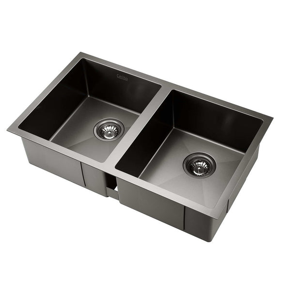 Cefito Kitchen Sink 77X45CM Stainless Steel Basin Double Bowl Laundry Black
