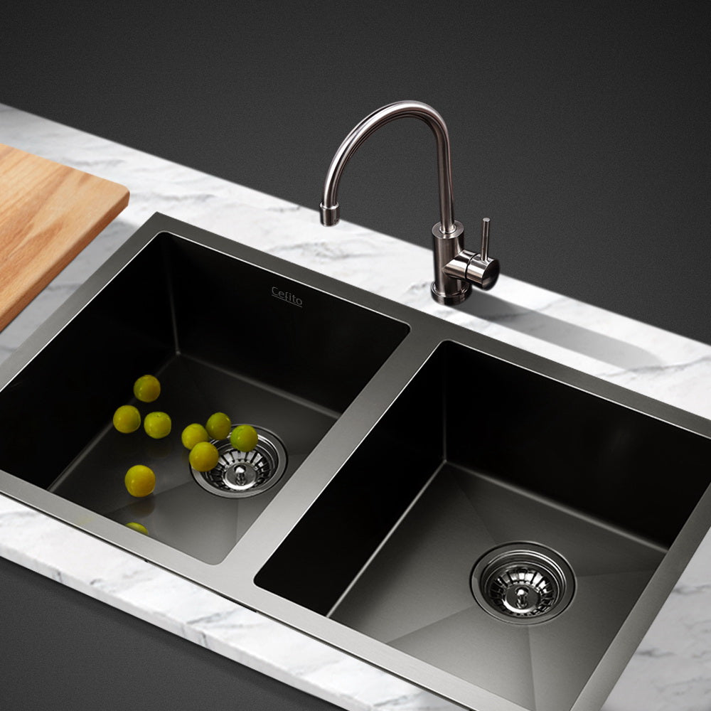 Sinks: Cefito Kitchen Sink 77X45CM Stainless Steel Basin Double Bowl Black