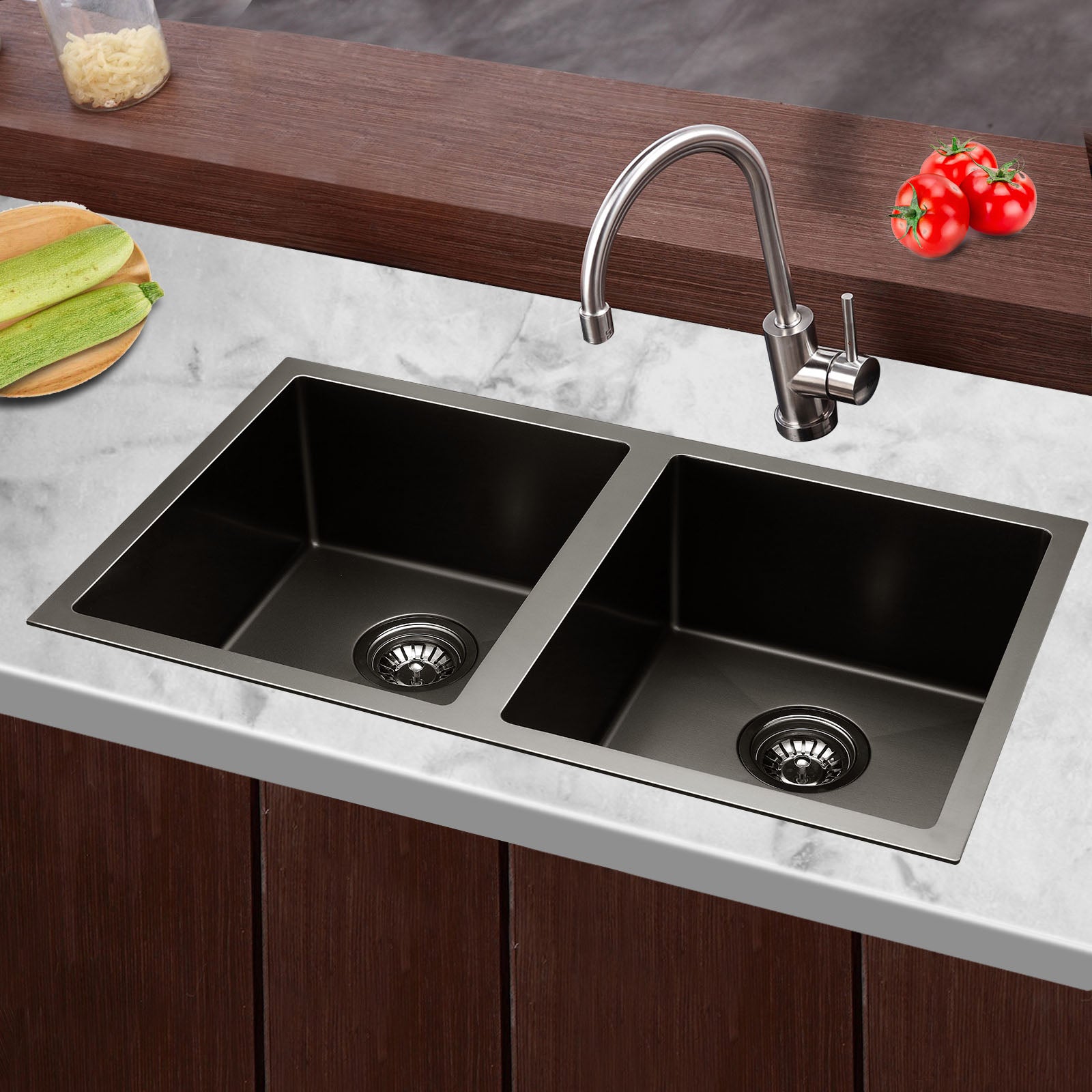 Sinks: Cefito Kitchen Sink 77X45CM Stainless Steel Basin Double Bowl Black