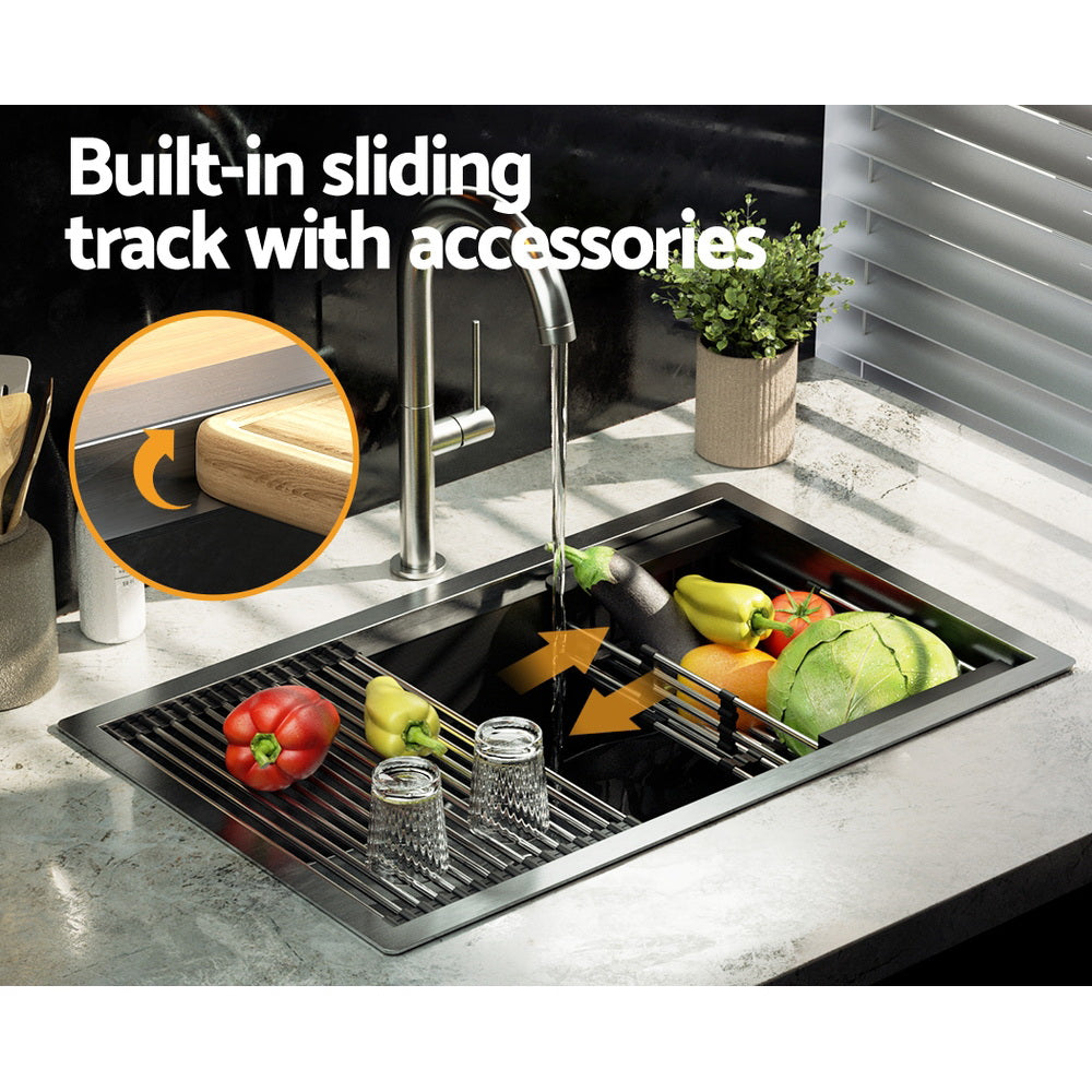 Kitchen & Bathroom DIY: Cefito Kitchen Sink 70X45CM Stainless Steel Single Bowl Drain Rack Basket Black
