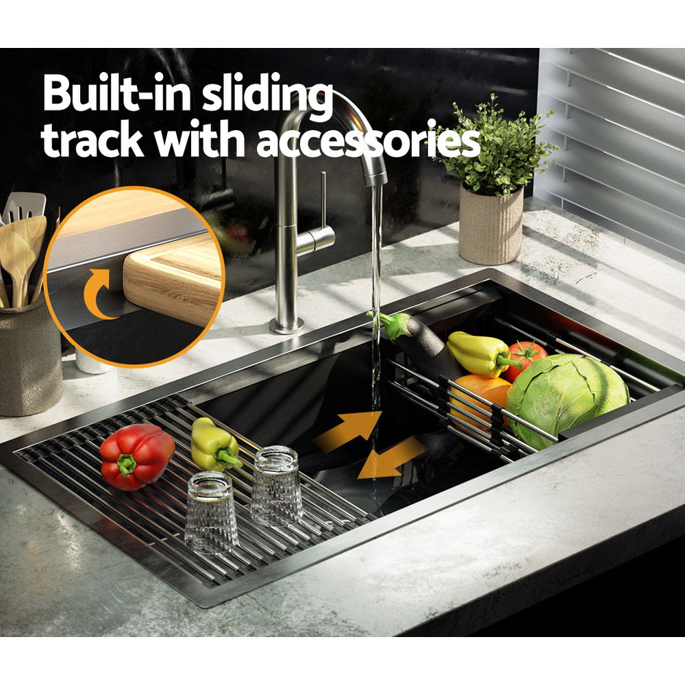 Kitchen & Bathroom DIY: Cefito Kitchen Sink 81X45CM Stainless Steel Single Bowl Drain Rack Basket Black