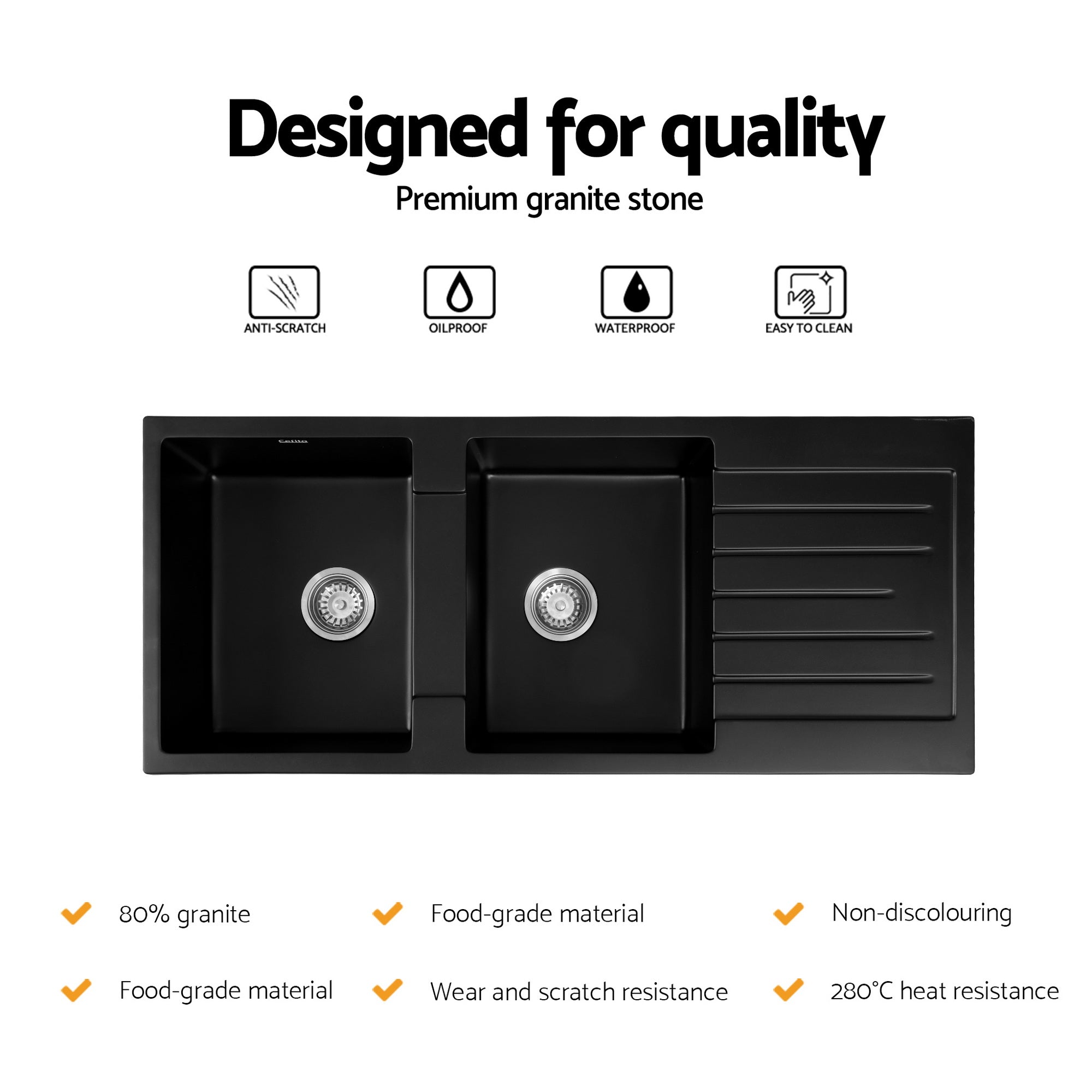 Sinks: Cefito Kitchen Sink 116x50cm Granite Stone Sink Double Bowl Black