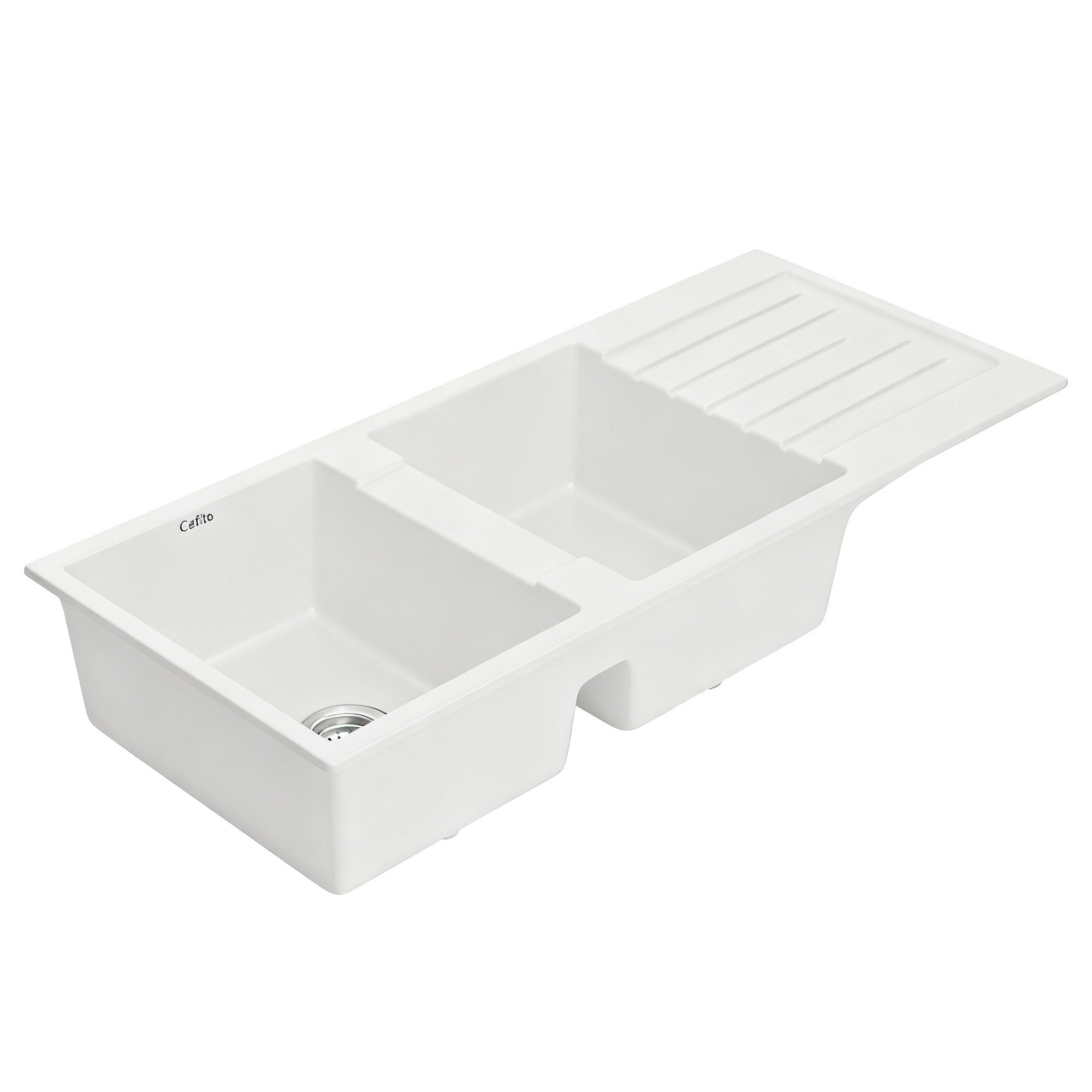Sinks: Cefito Kitchen Sink 116x50cm Granite Stone Sink Double Bowl White
