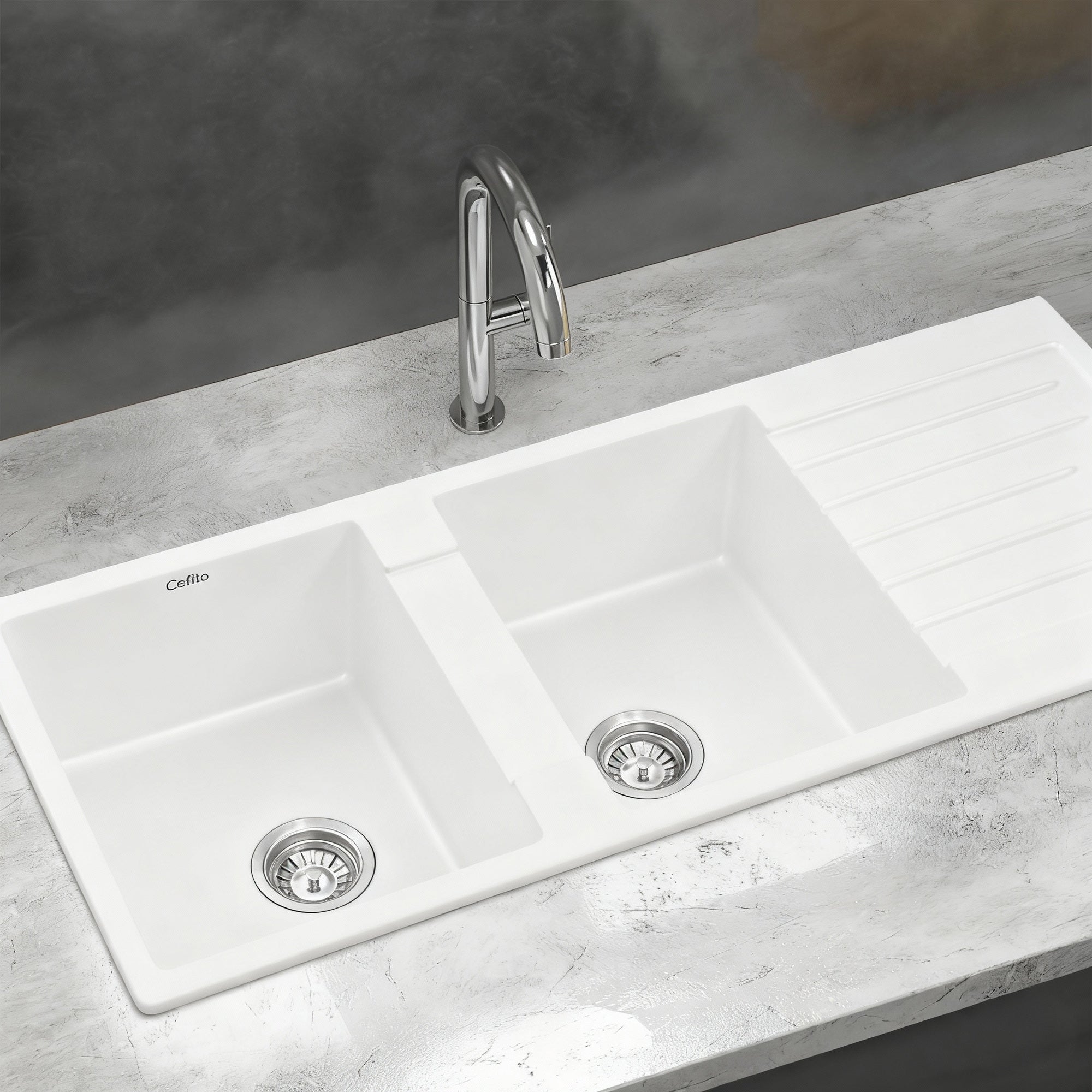 Sinks: Cefito Kitchen Sink 116x50cm Granite Stone Sink Double Bowl White