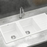 Sinks: Cefito Kitchen Sink 116x50cm Granite Stone Sink Double Bowl White