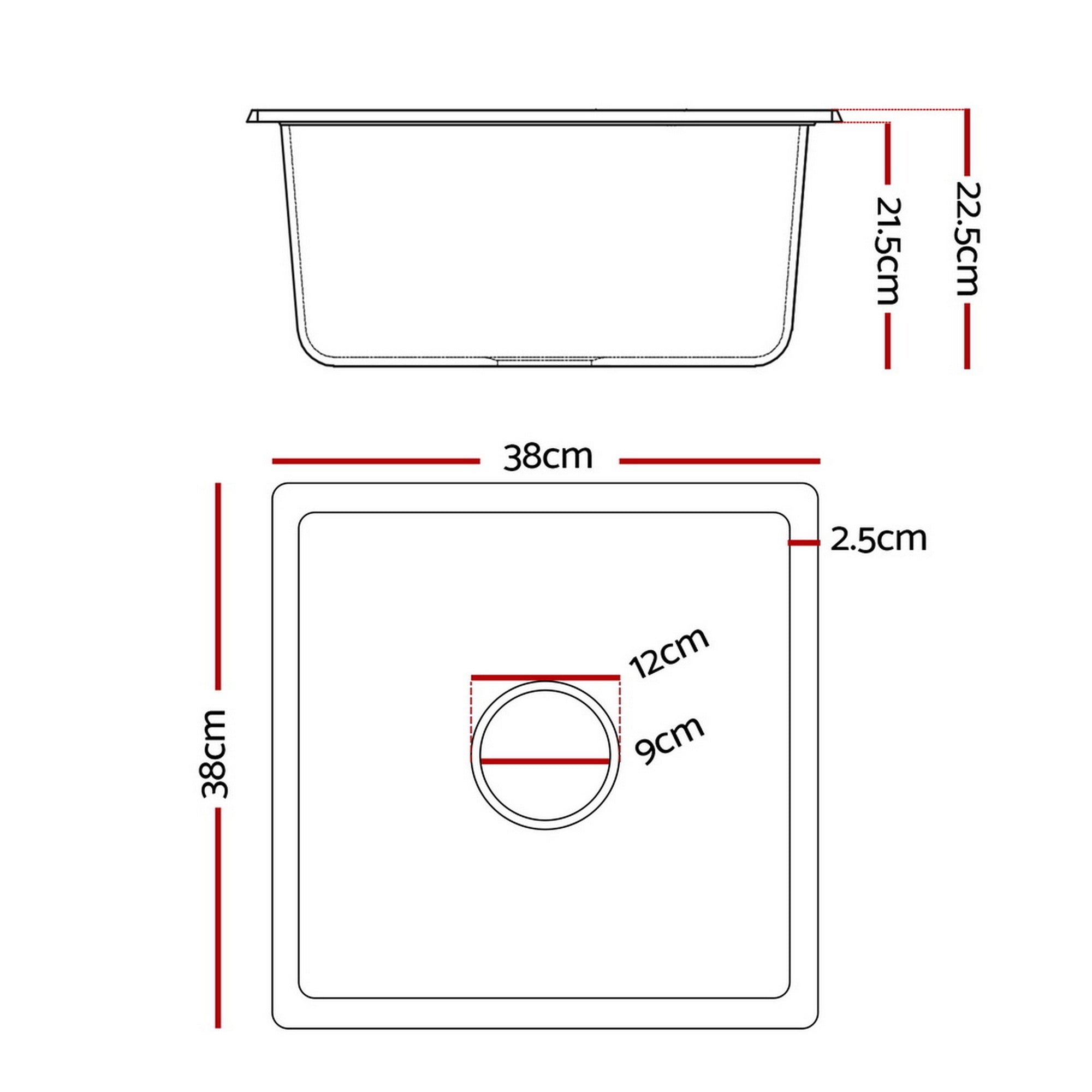 Sinks: Cefito Kitchen Sink 38x38cm Granite Stone Sink Single Bowl Black