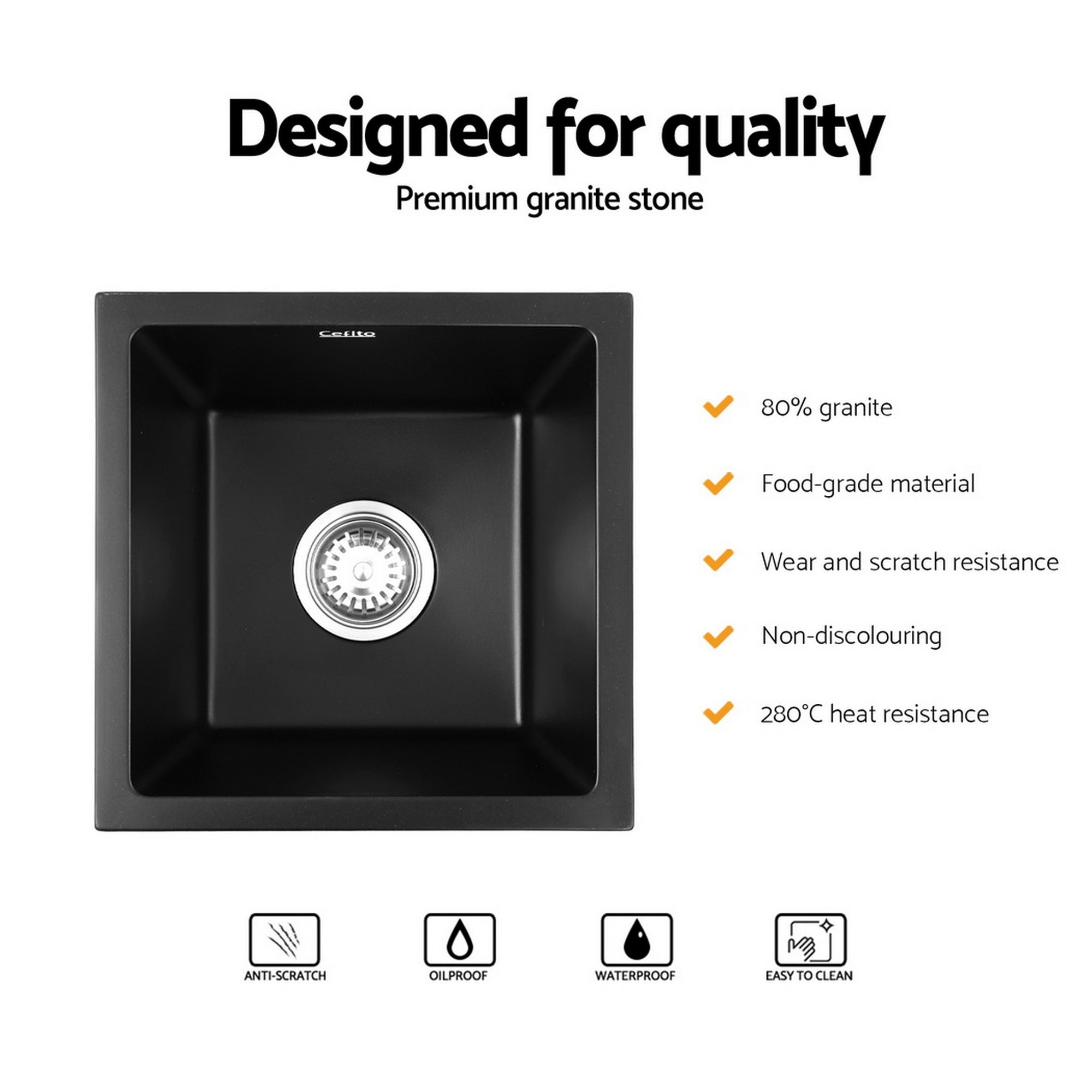 Sinks: Cefito Kitchen Sink 38x38cm Granite Stone Sink Single Bowl Black