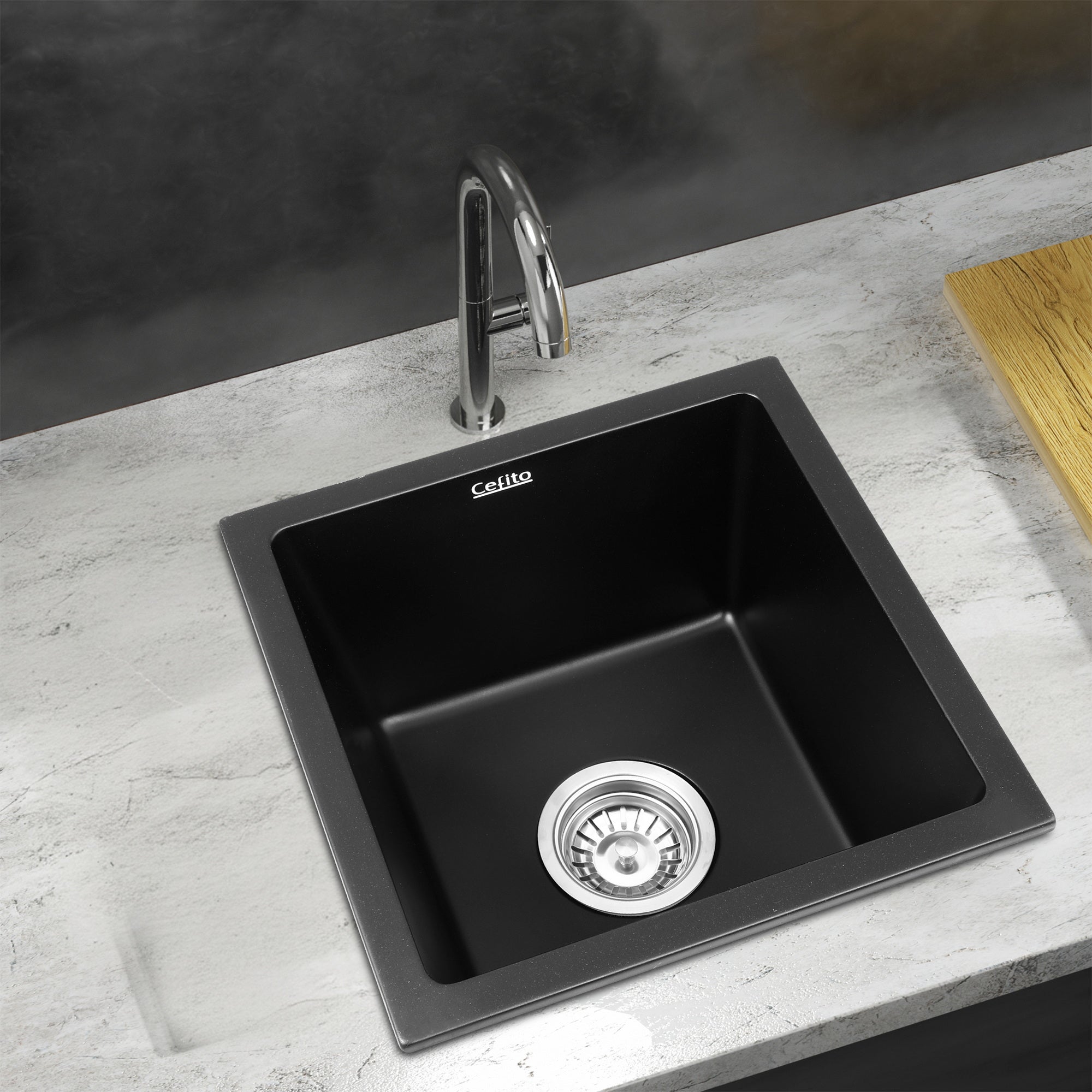 Sinks: Cefito Kitchen Sink 38x38cm Granite Stone Sink Single Bowl Black