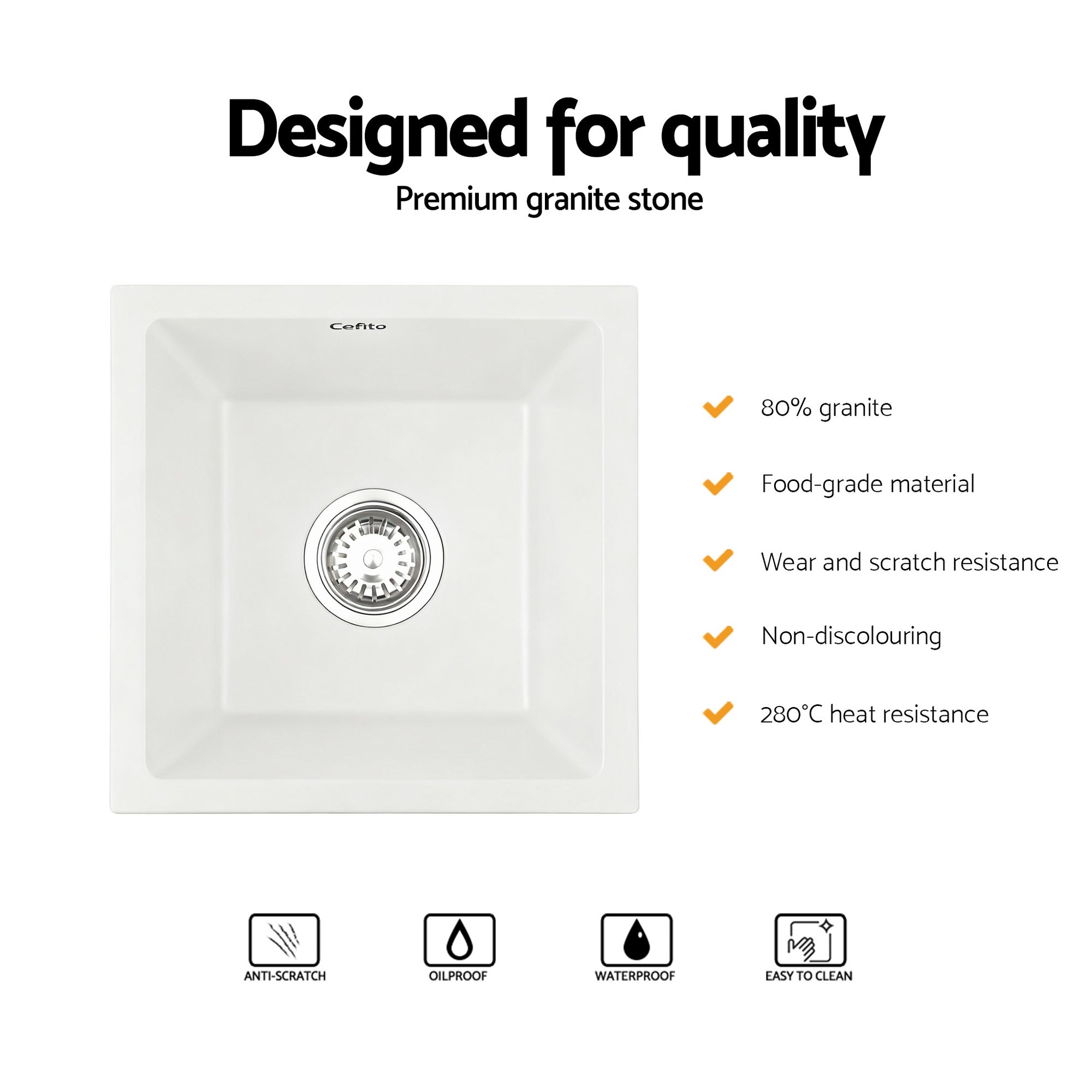 Sinks: Cefito Kitchen Sink 38x38cm Granite Stone Sink Single Bowl White