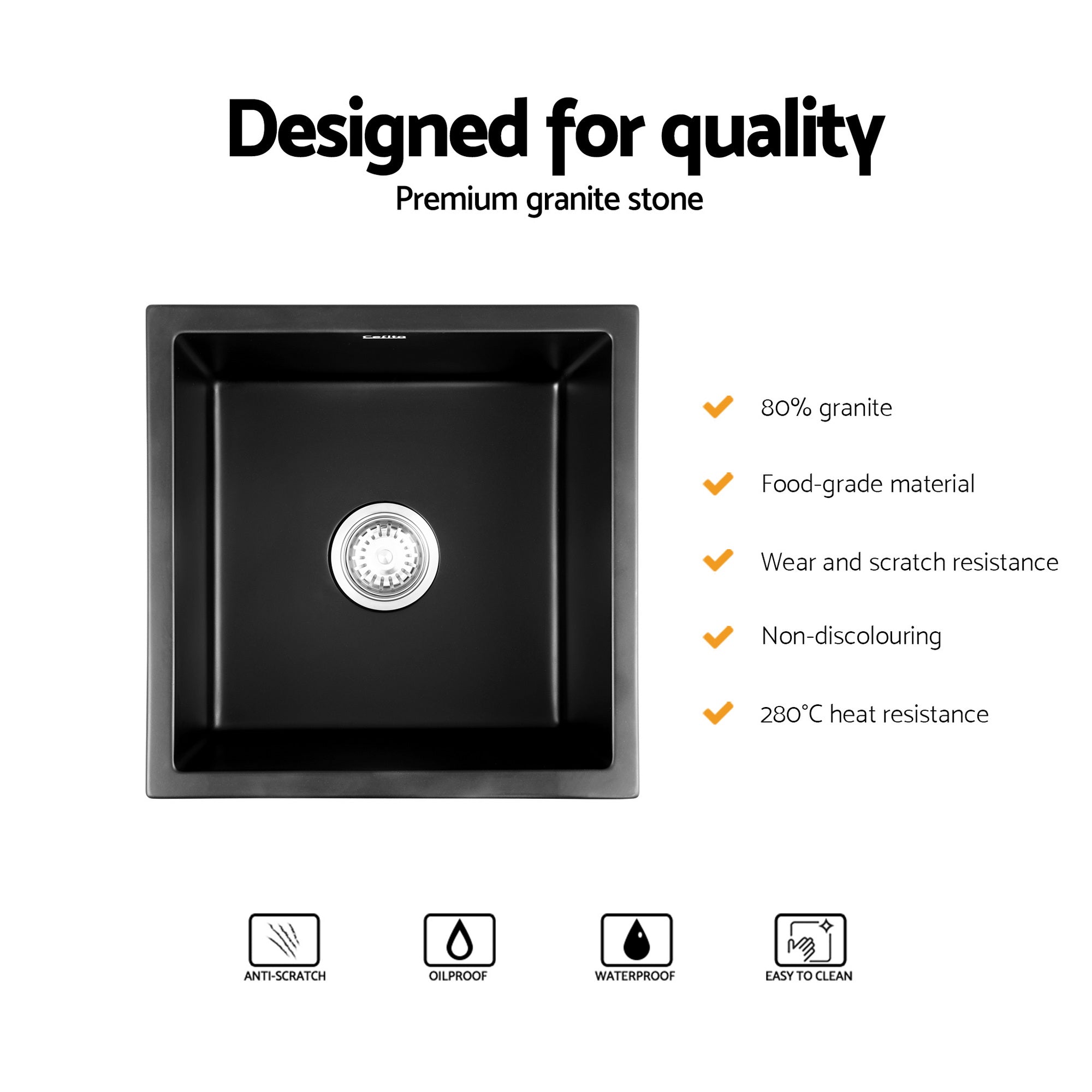 Sinks: Cefito Kitchen Sink 45x45cm Granite Stone Sink Single Bowl Black
