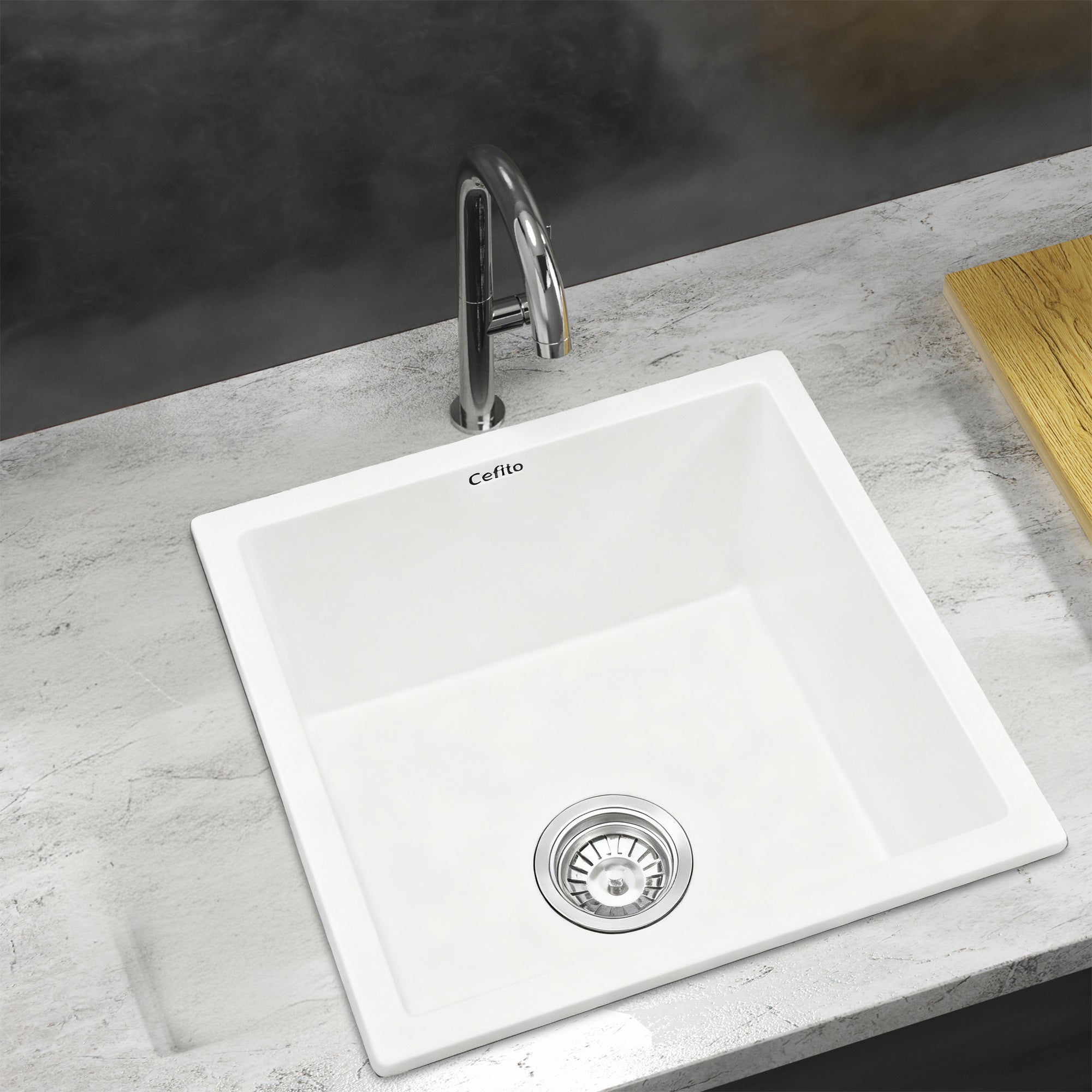 Sinks: Cefito Kitchen Sink 45x45cm Granite Stone Sink Single Bowl White