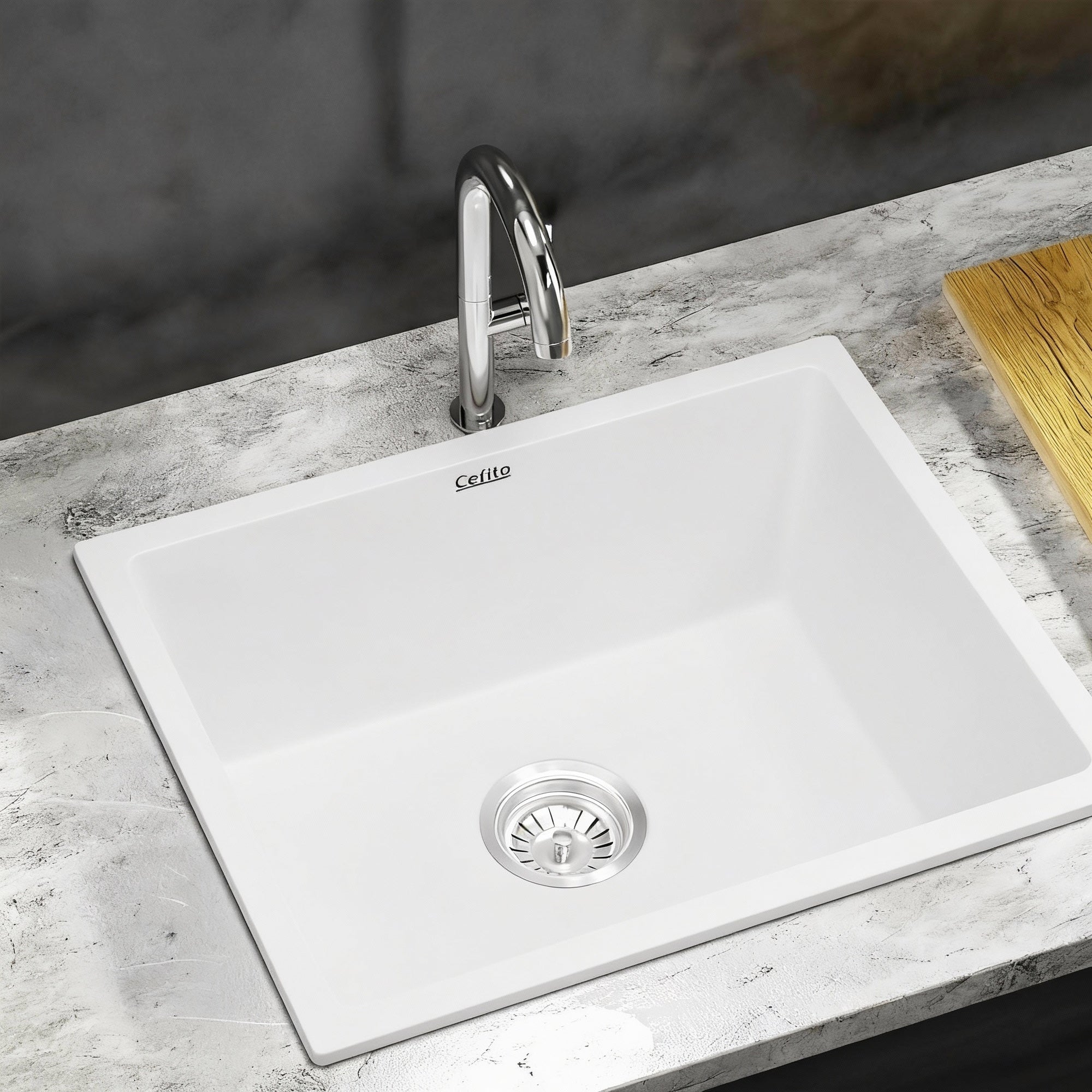 Sinks: Cefito Kitchen Sink 55x45cm Granite Stone Sink Single Bowl White