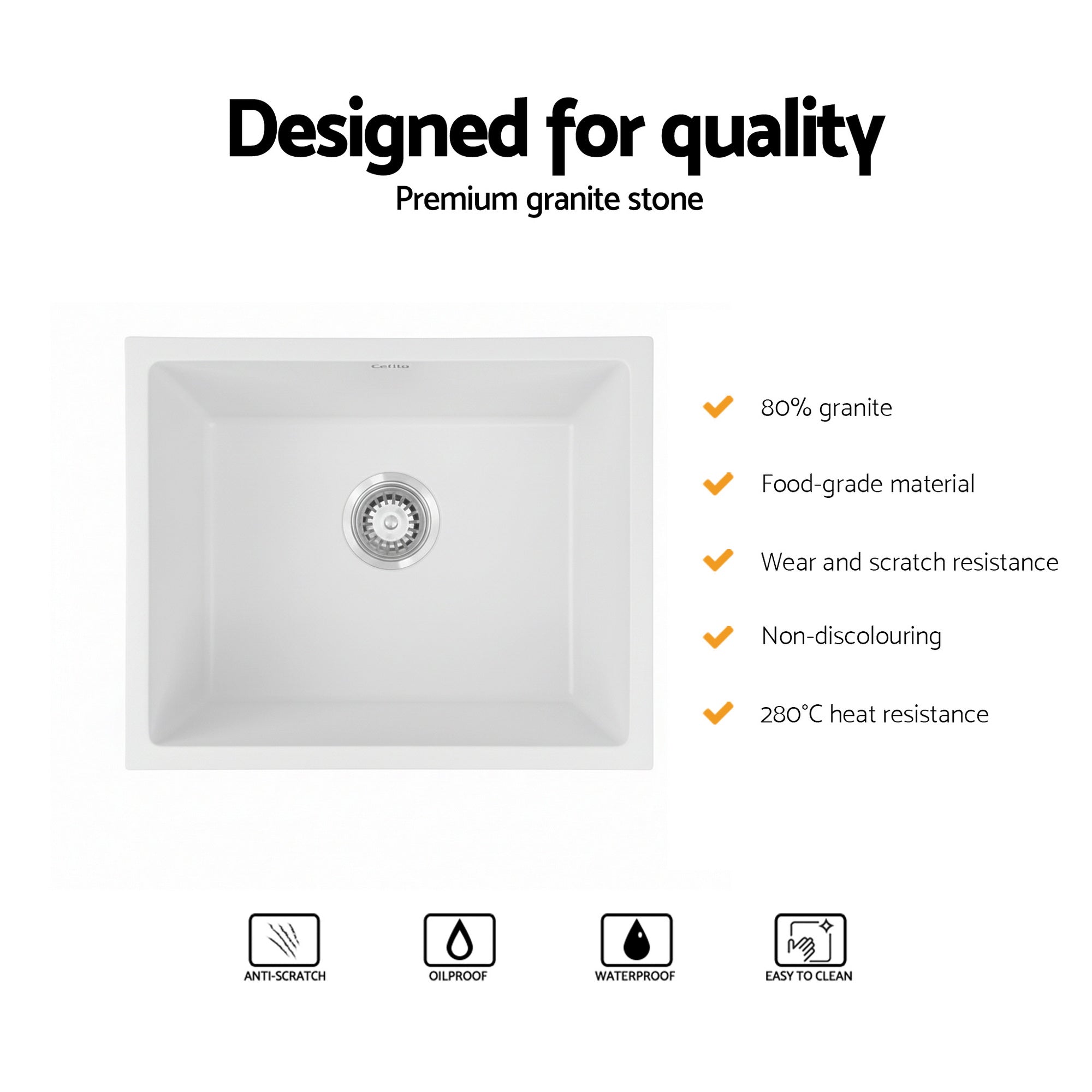 Sinks: Cefito Kitchen Sink 55x45cm Granite Stone Sink Single Bowl White
