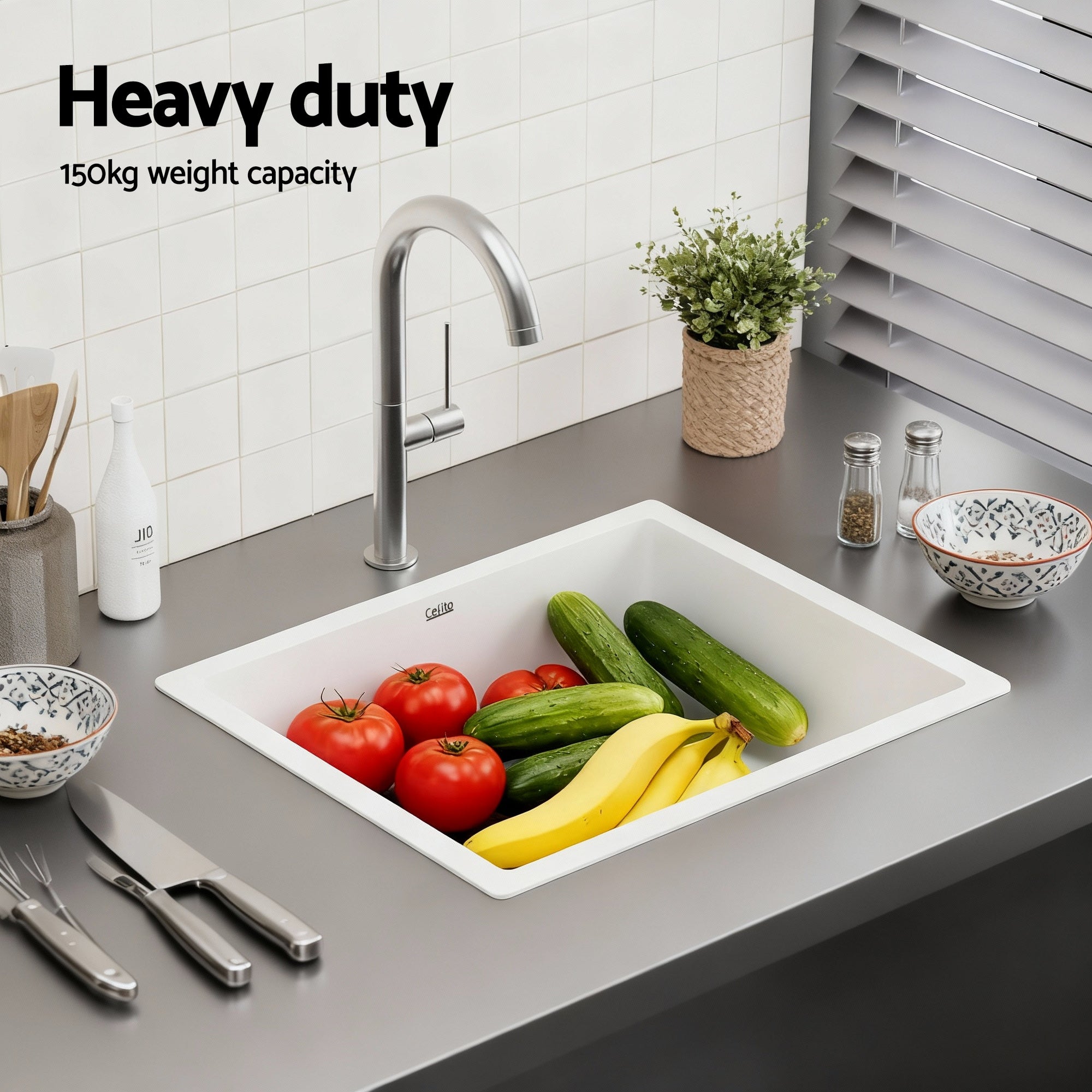 Sinks: Cefito Kitchen Sink 55x45cm Granite Stone Sink Single Bowl White
