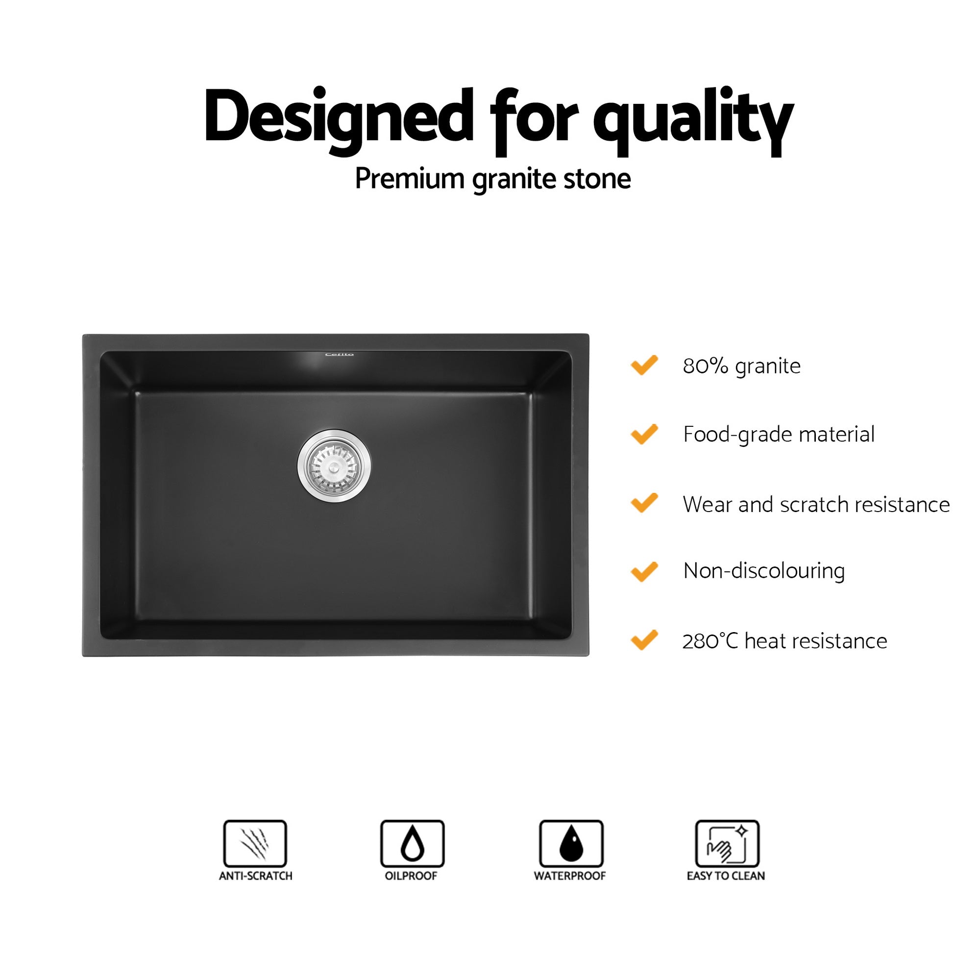 Sinks: Cefito Kitchen Sink 70x45cm Granite Stone Sink Single Bowl Black
