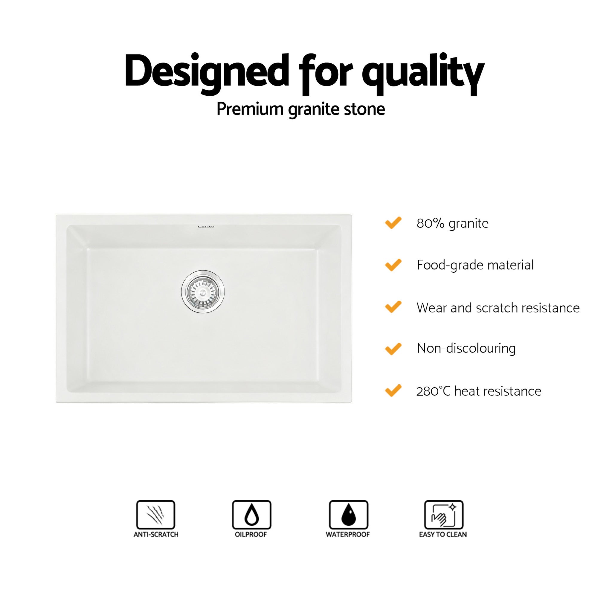 Sinks: Cefito Kitchen Sink 70x45cm Granite Stone Sink Single Bowl White