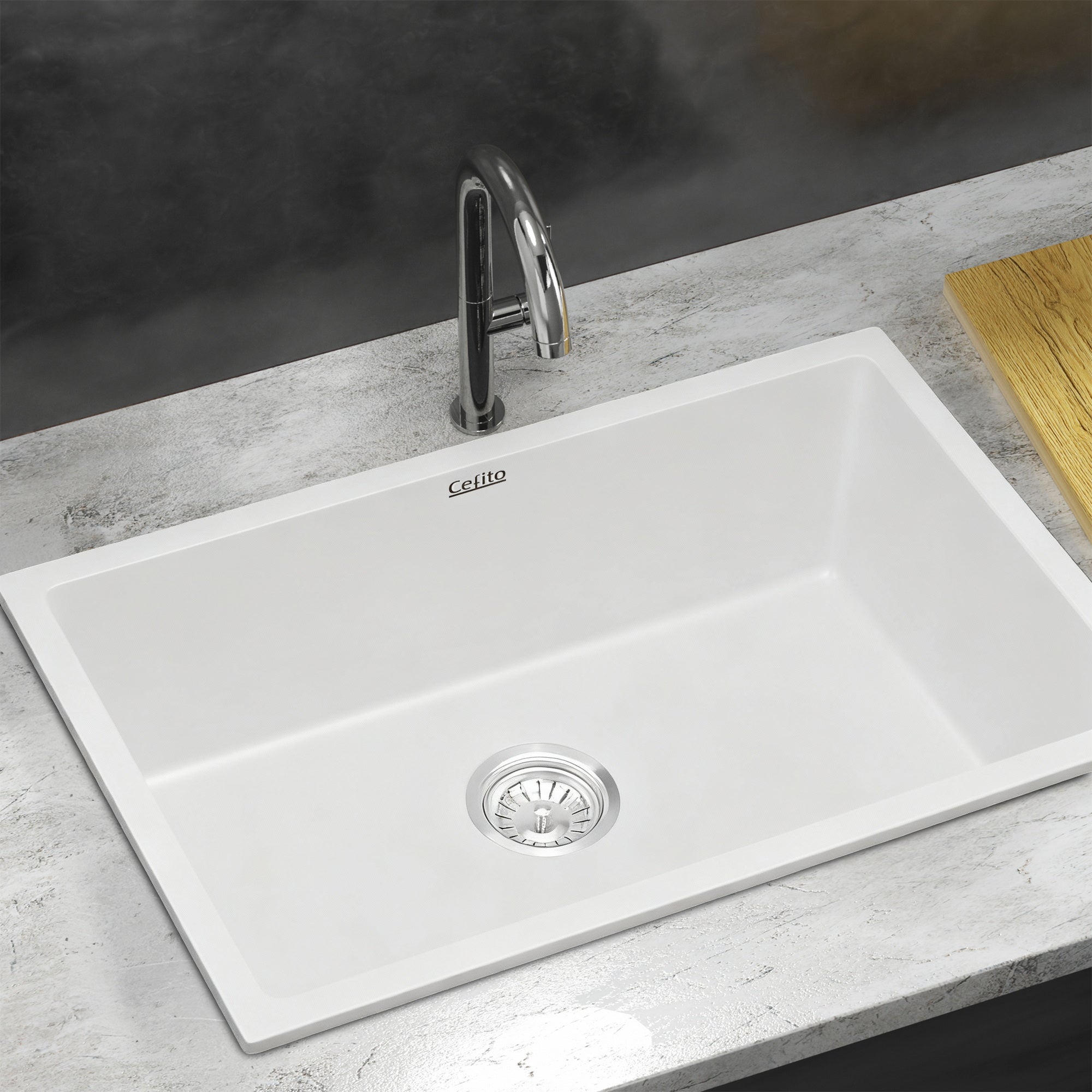 Sinks: Cefito Kitchen Sink 70x45cm Granite Stone Sink Single Bowl White