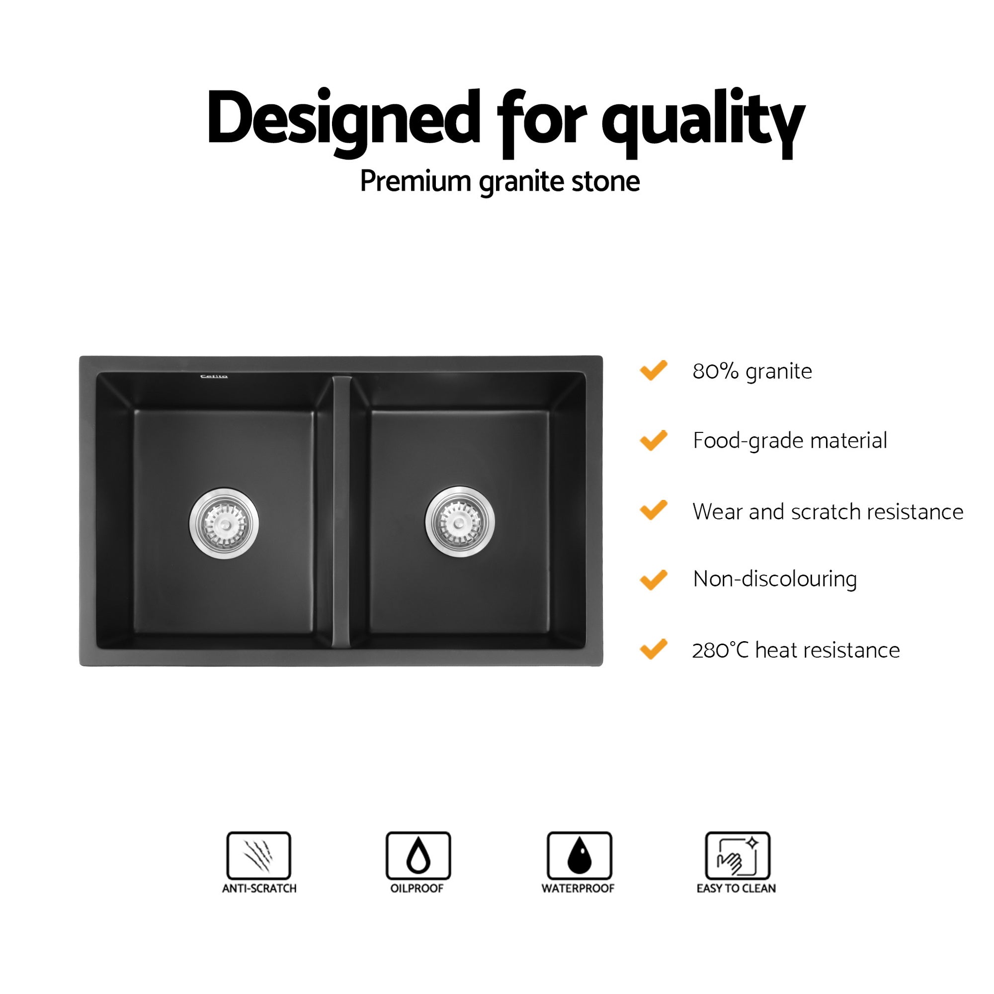 Sinks: Cefito Kitchen Sink 77x45cm Granite Stone Sink Double Bowl Black