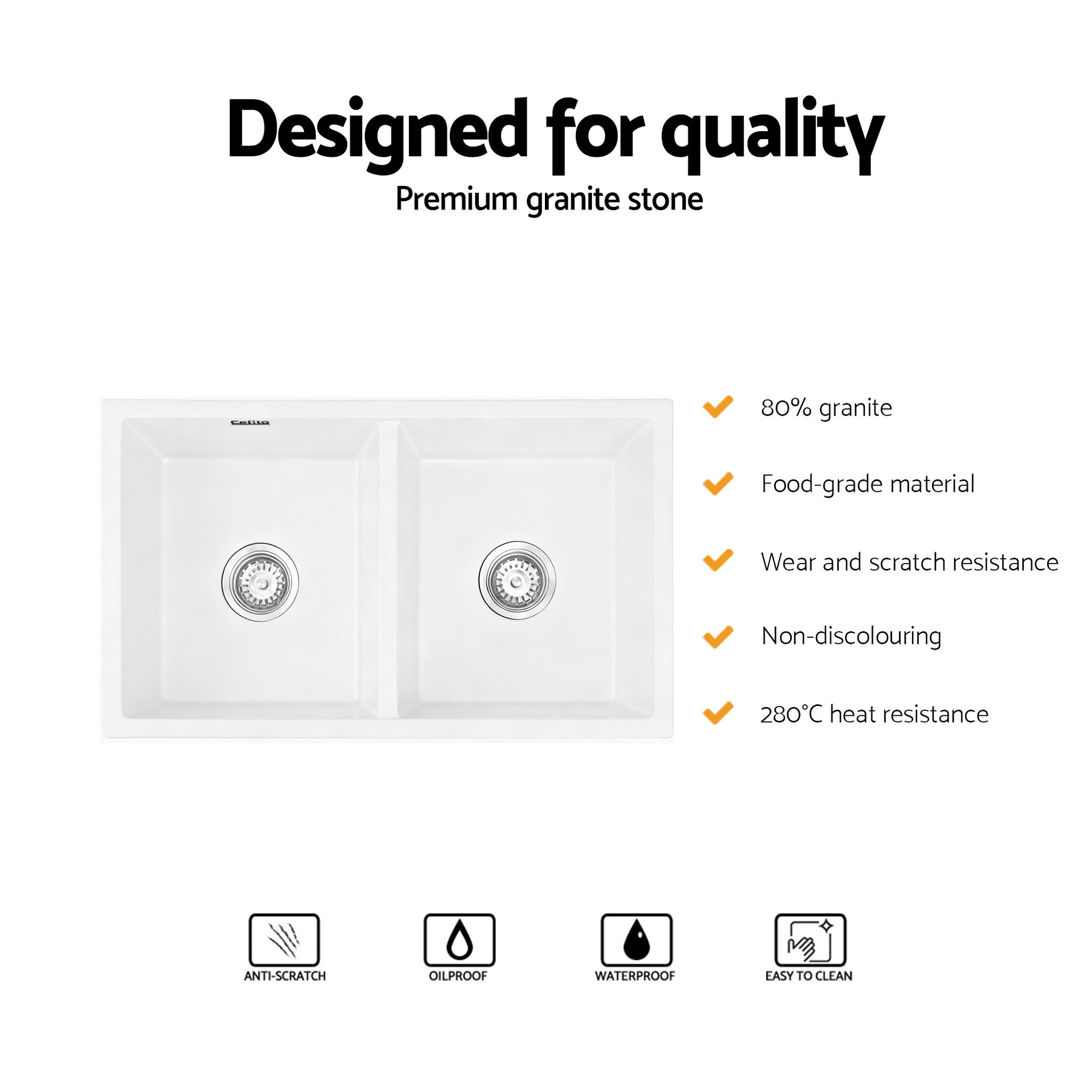 Sinks: Cefito Kitchen Sink 77x45cm Granite Stone Sink Double Bowl White