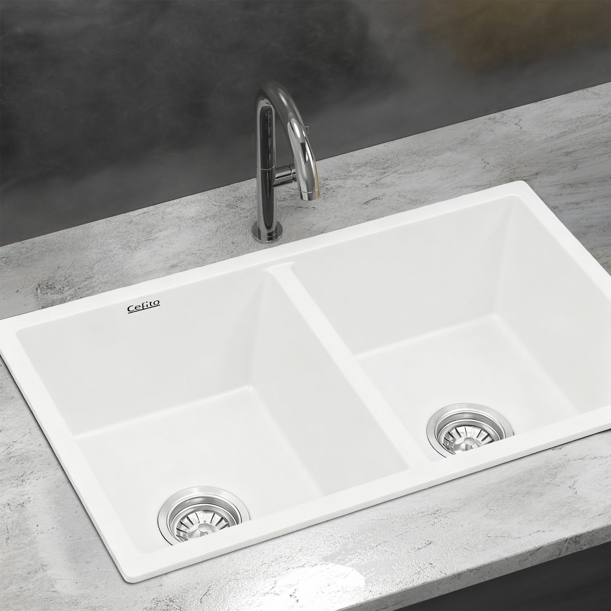 Sinks: Cefito Kitchen Sink 77x45cm Granite Stone Sink Double Bowl White