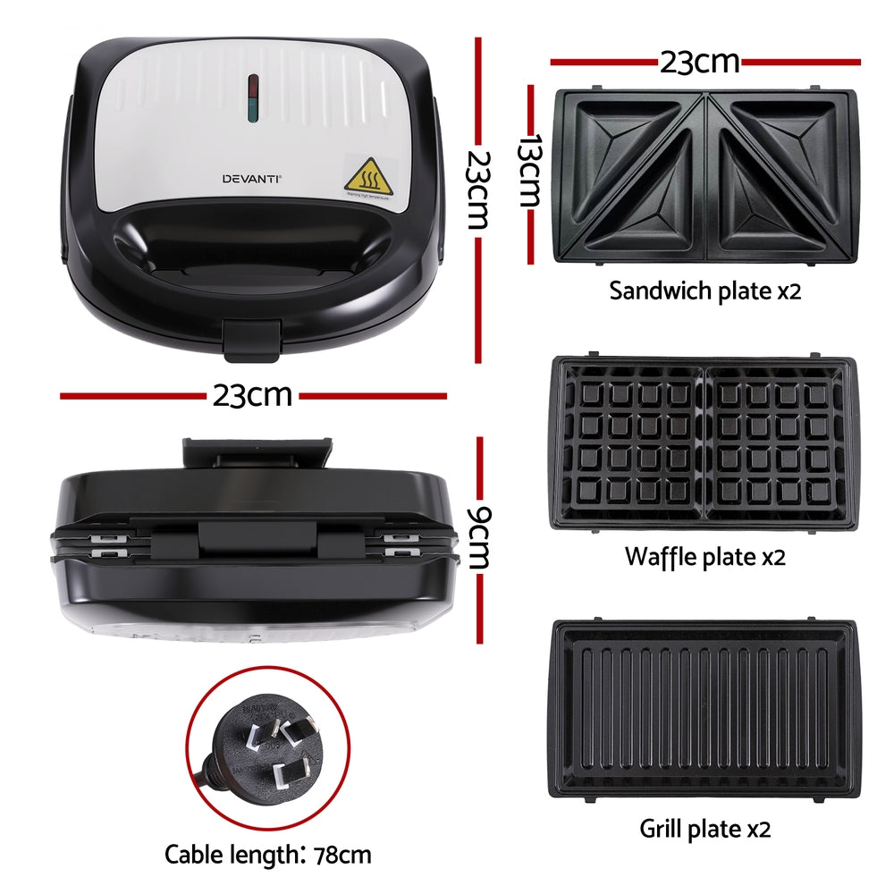 Toasters & Grills: Devanti 3-in-1 Sandwich Press Waffle Maker Panini Press Grill 850W