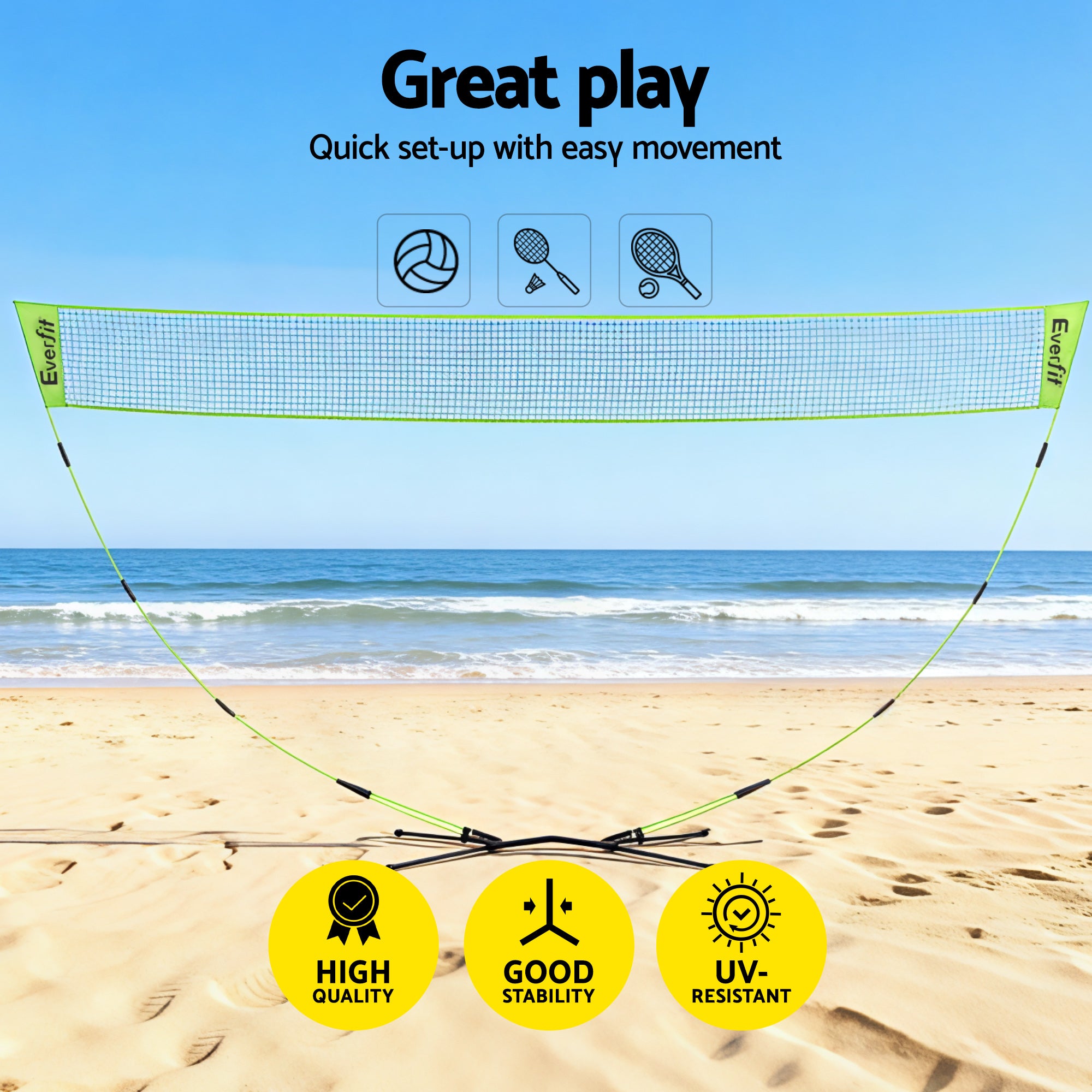 Netball & Netball Accessories: Everfit 3M Badminton Tennis Net Portable Volleyball Kit Yellow