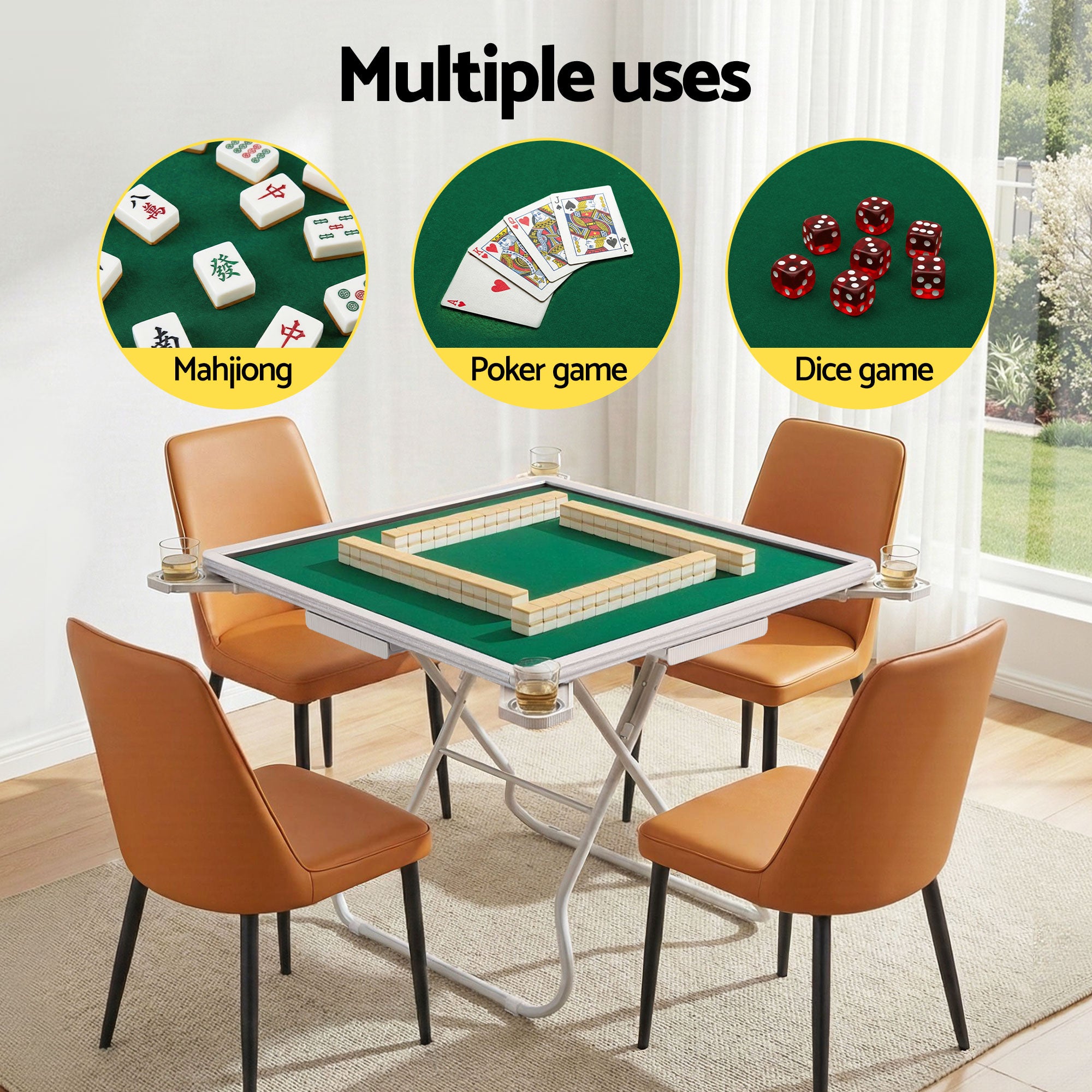 Activity Games: Folding Mahjong Table for Home with 4 Drawers and Cup Holders Green