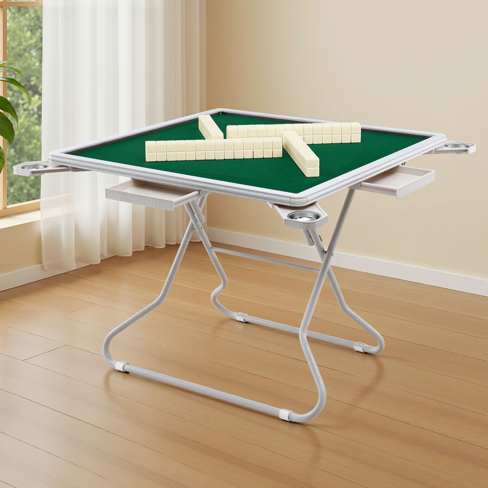 Activity Games: Folding Mahjong Table for Home with 4 Drawers and Cup Holders Green