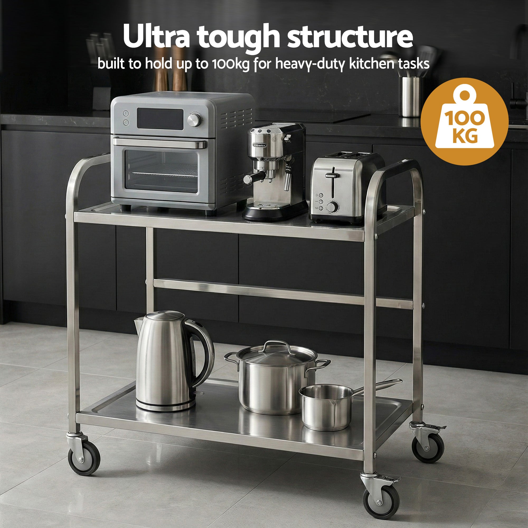 Cefito 2-Tier Stainless Steel Kitchen Trolley with Wheels 84x56x98cm